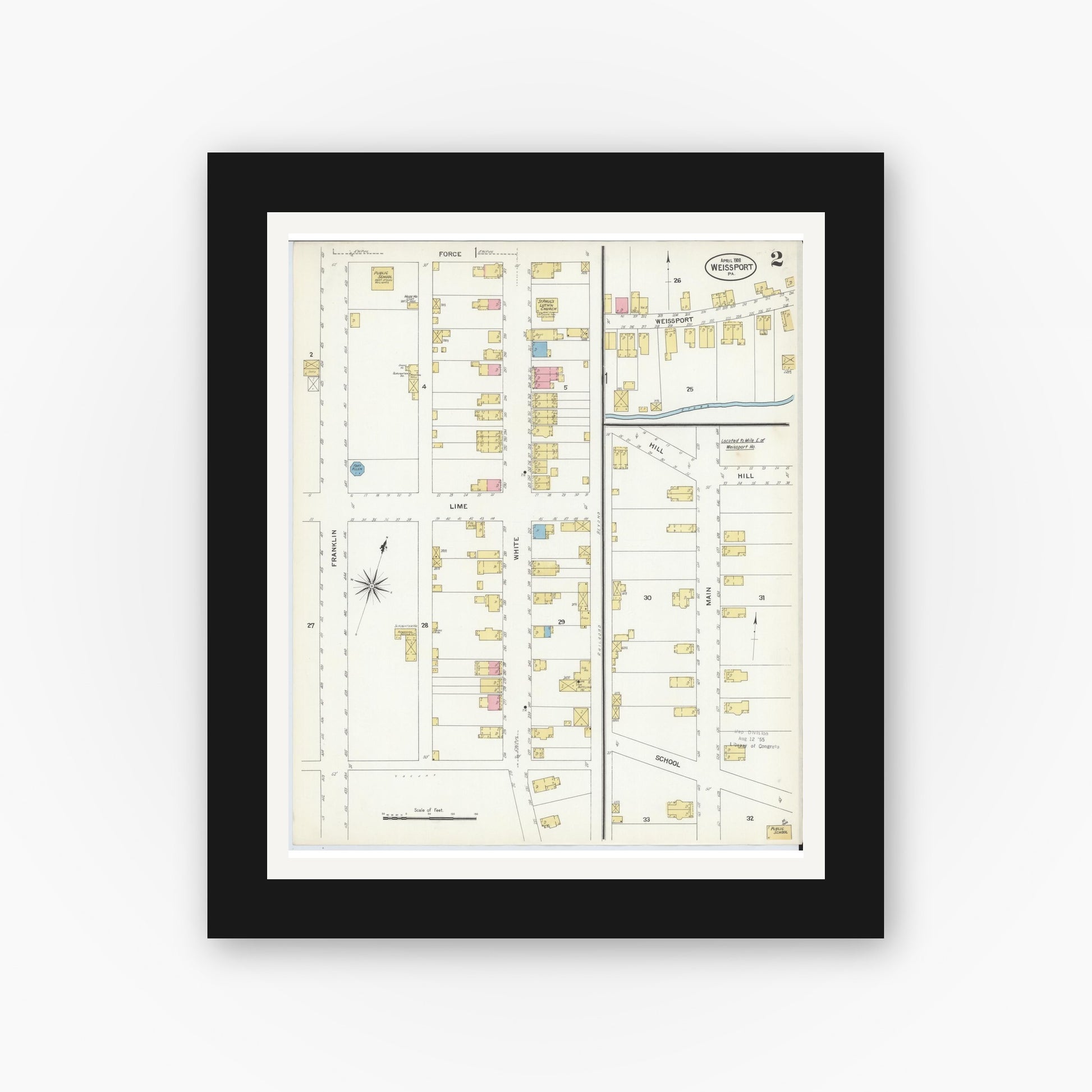 Old map wall art mockup — black gallery frame with white mat — Sanborn Fire Insurance Map from Weissport, Carbon County, Pennsylvania (1908), Sheet #0002