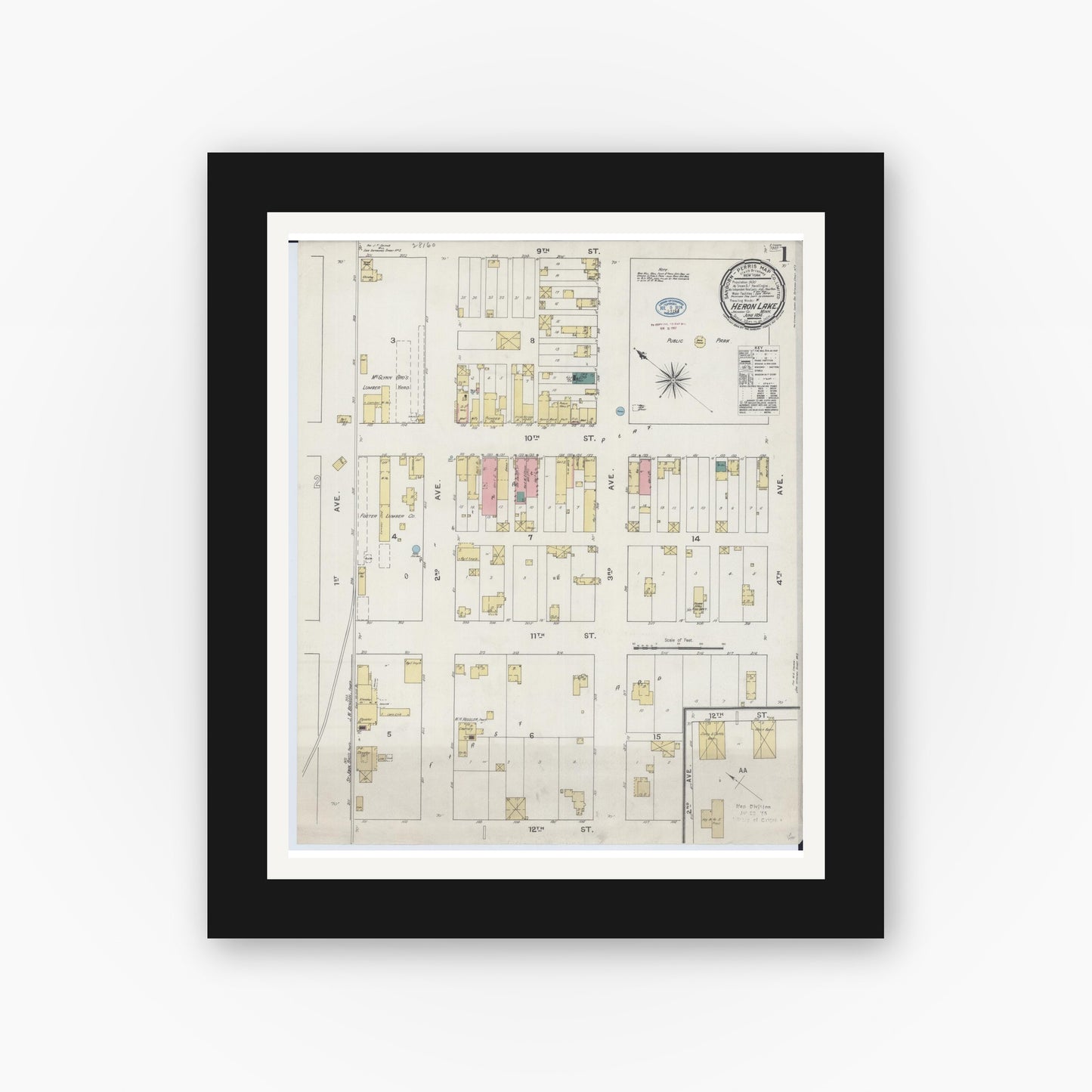 Old map wall art mockup — black gallery frame with white mat — Sanborn Fire Insurance Map from Heron Lake, Jackson County, Minnesota (1894), Sheet #0001
