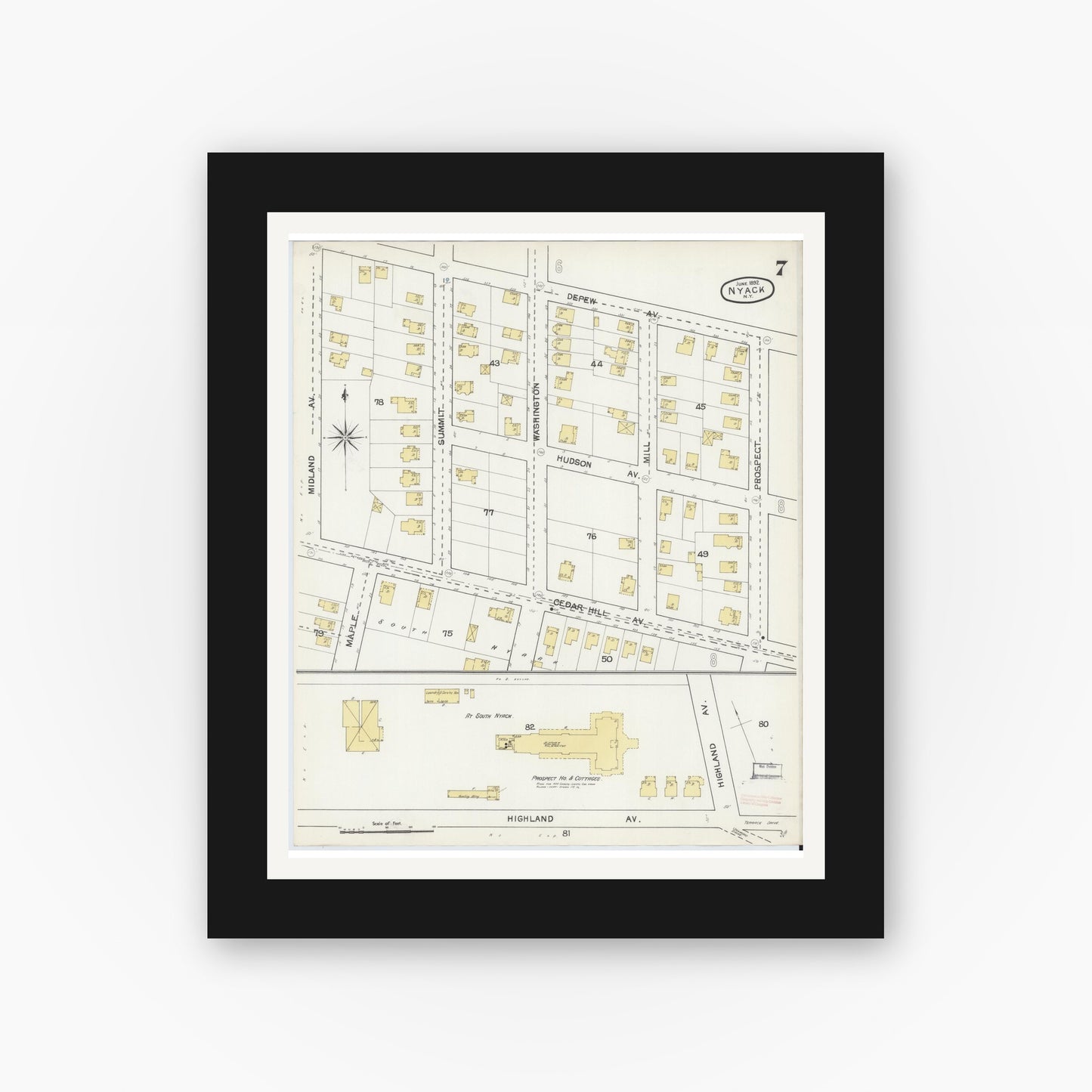 Old map wall art mockup — black gallery frame with white mat — Sanborn Fire Insurance Map from Nyack, Rockland County, New York. (1892), Sheet #0007