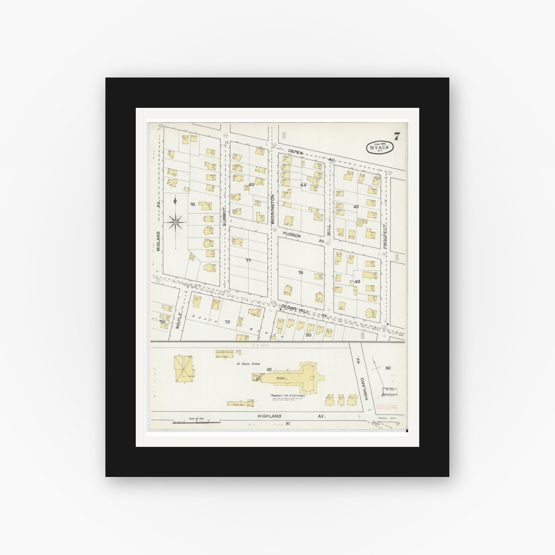 Old map wall art mockup — black gallery frame with white mat — Sanborn Fire Insurance Map from Nyack, Rockland County, New York. (1892), Sheet #0007