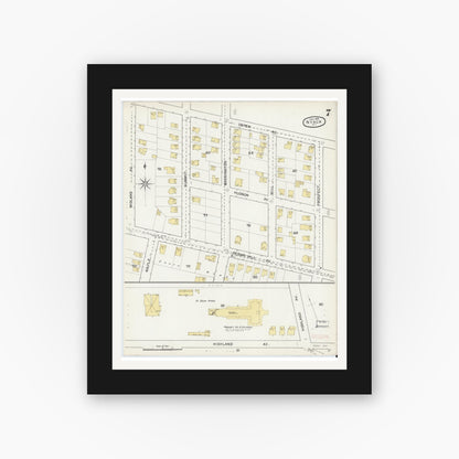 Old map wall art mockup — black gallery frame with white mat — Sanborn Fire Insurance Map from Nyack, Rockland County, New York. (1892), Sheet #0007