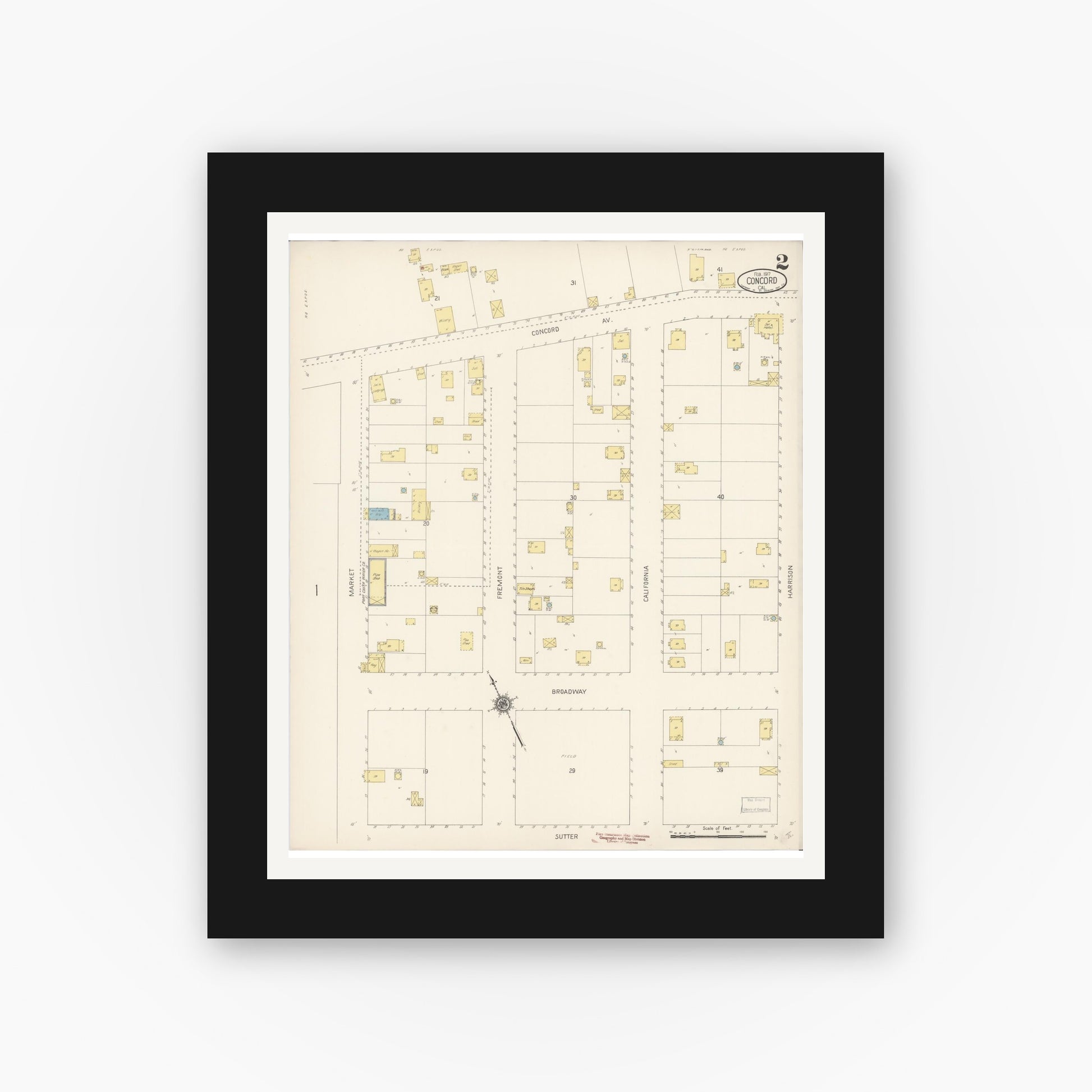 Old map wall art mockup — black gallery frame with white mat — Sanborn Fire Insurance Map from Concord, Contra Costa County, California (1917), Sheet #0002