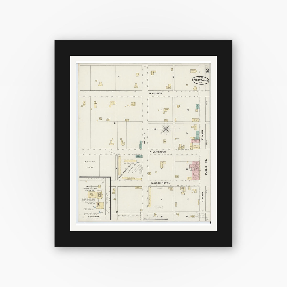 Old map wall art mockup — black gallery frame with white mat — Sanborn Fire Insurance Map from Pilot Point, Denton County, Texas (1891), Sheet #0002