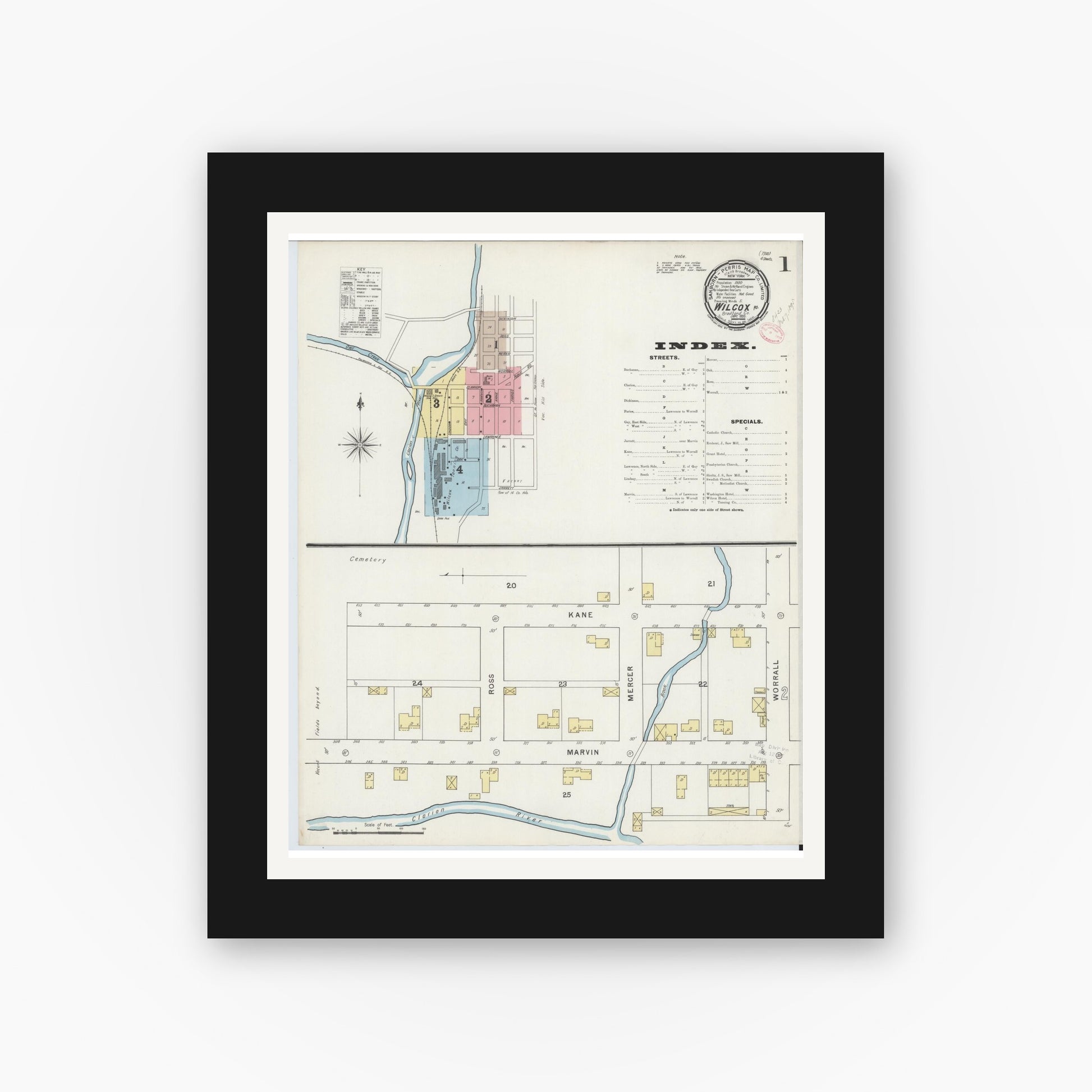 Old map wall art mockup — black gallery frame with white mat — Sanborn Fire Insurance Map from Wilcox, Elk County, Pennsylvania (1895) - Complete Map Set