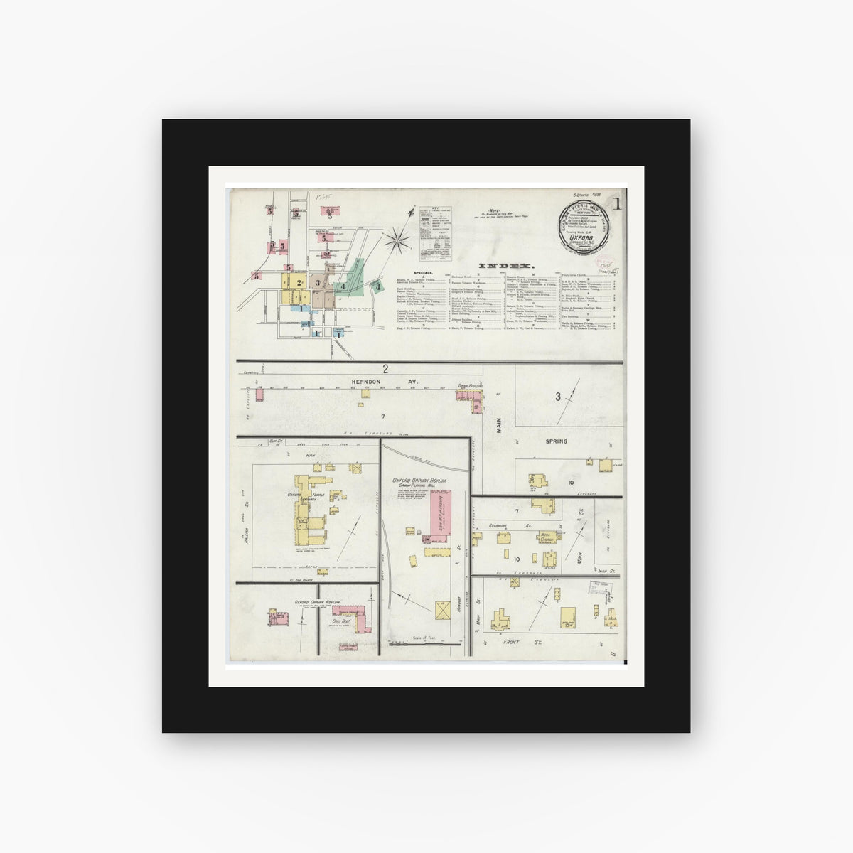 Old map wall art mockup — black gallery frame with white mat — Sanborn Fire Insurance Map from Oxford, Granville County, North Carolina (1897) - Complete Map Set
