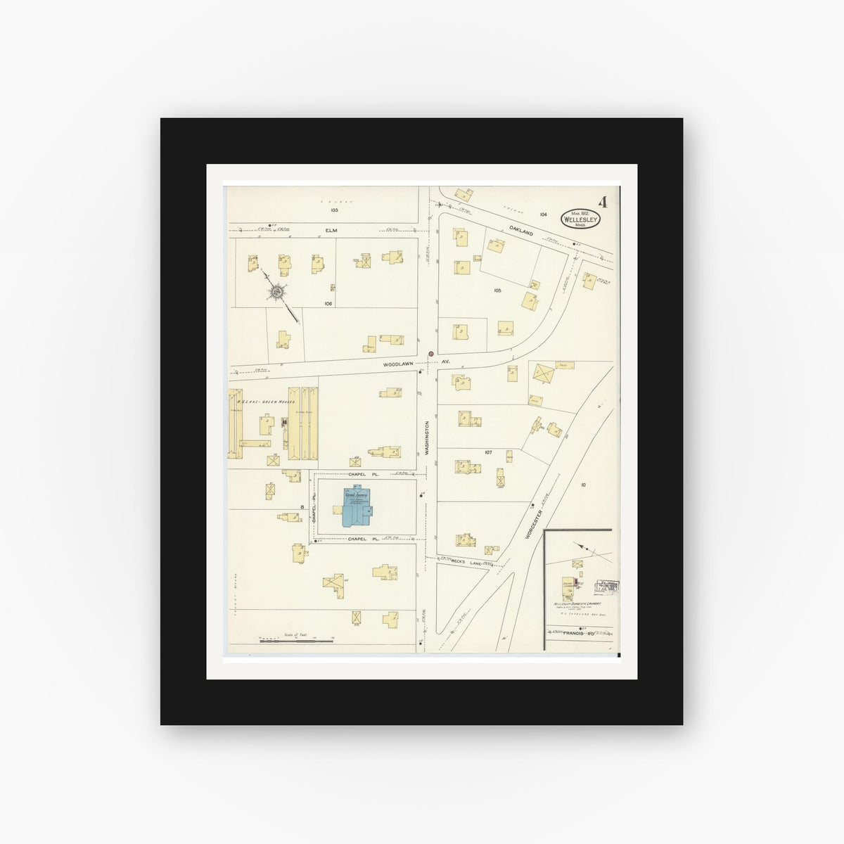 Old map wall art mockup — black gallery frame with white mat — Sanborn Fire Insurance Map from Wellesley, Norfolk County, Massachusetts (1912), Sheet #0004