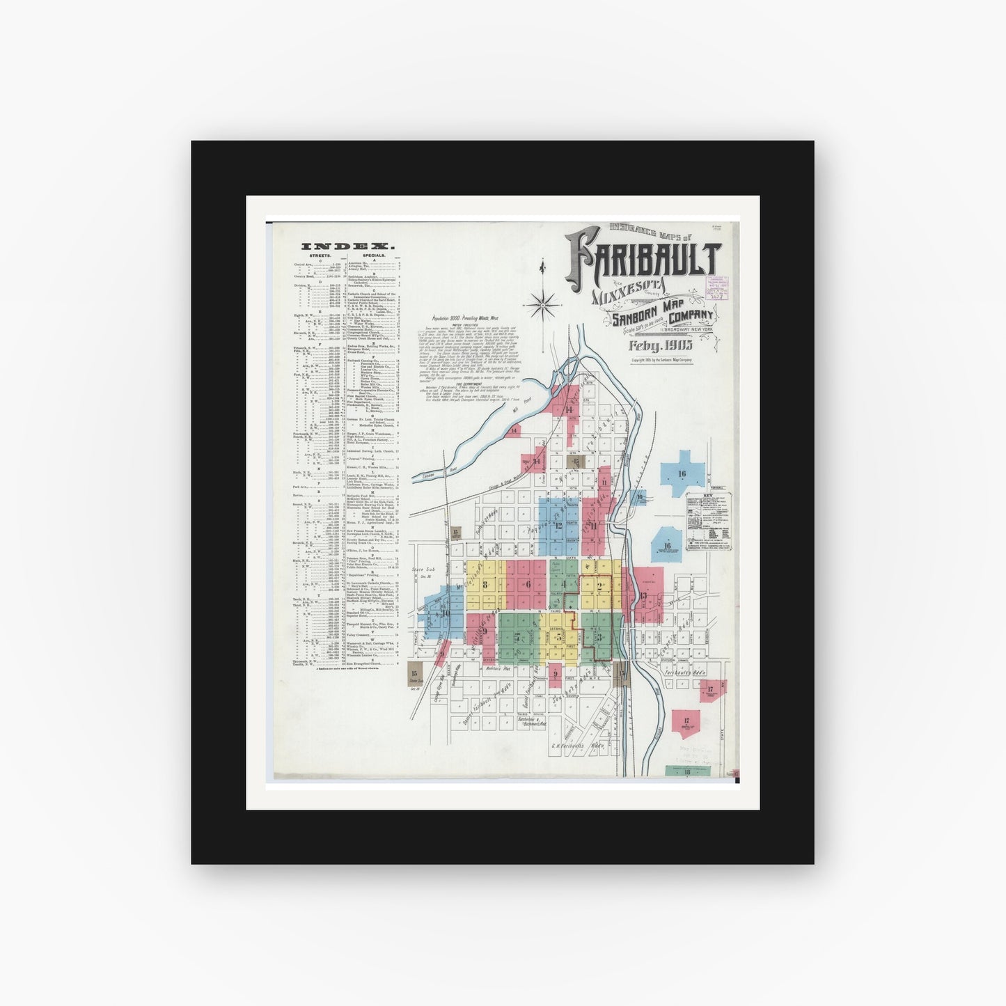 Old map wall art mockup — black gallery frame with white mat — Sanborn Fire Insurance Map from Faribault, Rice County, Minnesota (1905) - Complete Map Set