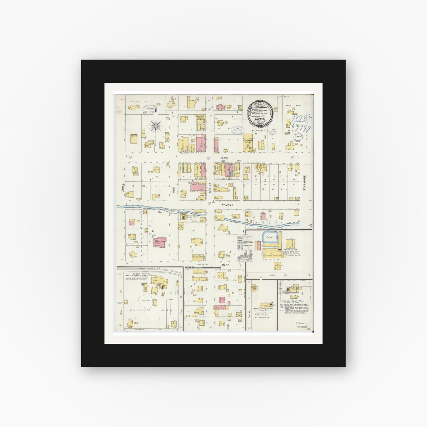 Old map wall art mockup — black gallery frame with white mat — Sanborn Fire Insurance Map from Odon, Daviess County, Indiana (1898), Sheet #0001