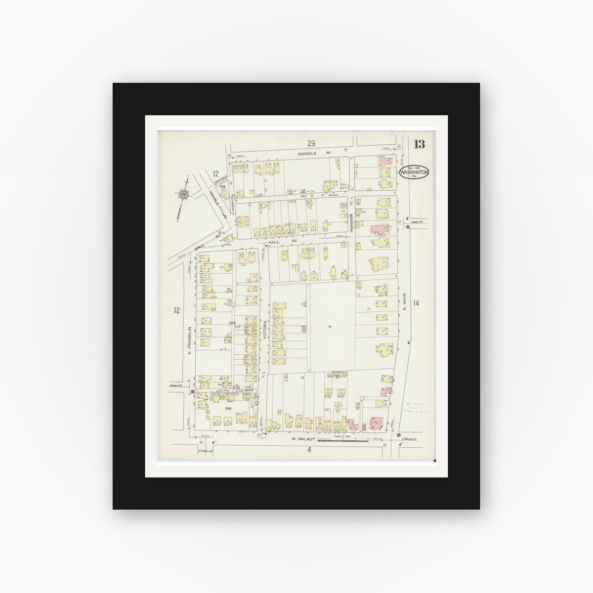 Old map wall art mockup — black gallery frame with white mat — Sanborn Fire Insurance Map from Washington, Washington County, Pennsylvania (1914), Sheet #0013