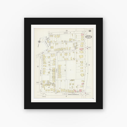 Old map wall art mockup — black gallery frame with white mat — Sanborn Fire Insurance Map from Washington, Washington County, Pennsylvania (1914), Sheet #0013