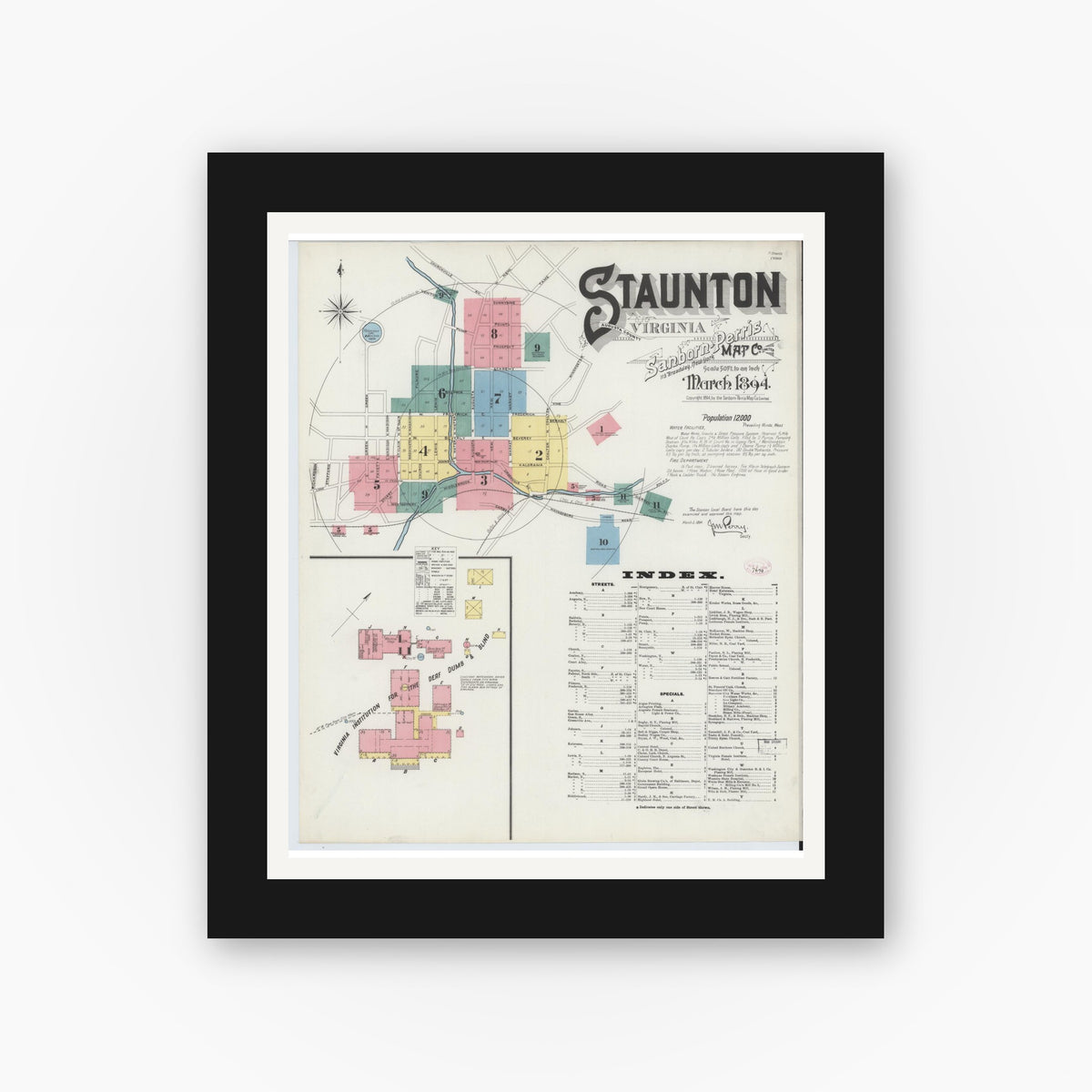 Old map wall art mockup — black gallery frame with white mat — Sanborn Fire Insurance Map from Staunton, Independent Cities, Virginia (1894) - Complete Map Set