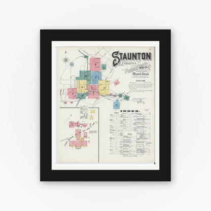 Old map wall art mockup — black gallery frame with white mat — Sanborn Fire Insurance Map from Staunton, Independent Cities, Virginia (1894) - Complete Map Set