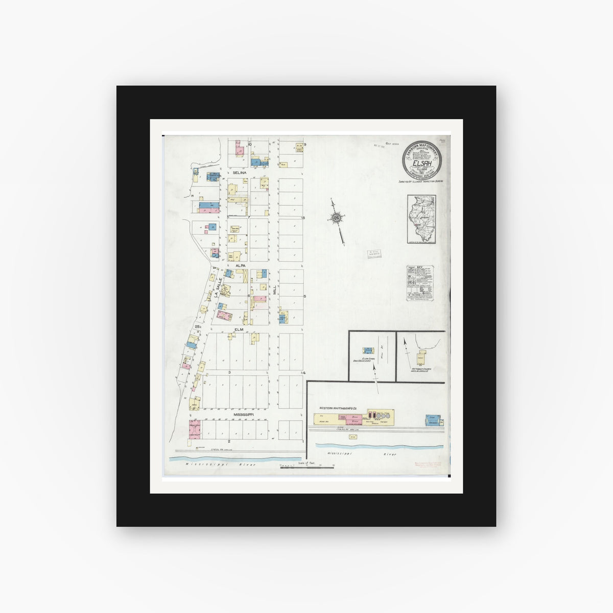 Old map wall art mockup — black gallery frame with white mat — Sanborn Fire Insurance Map from Elsah, Jersey County, Illinois (1921), Sheet #0001