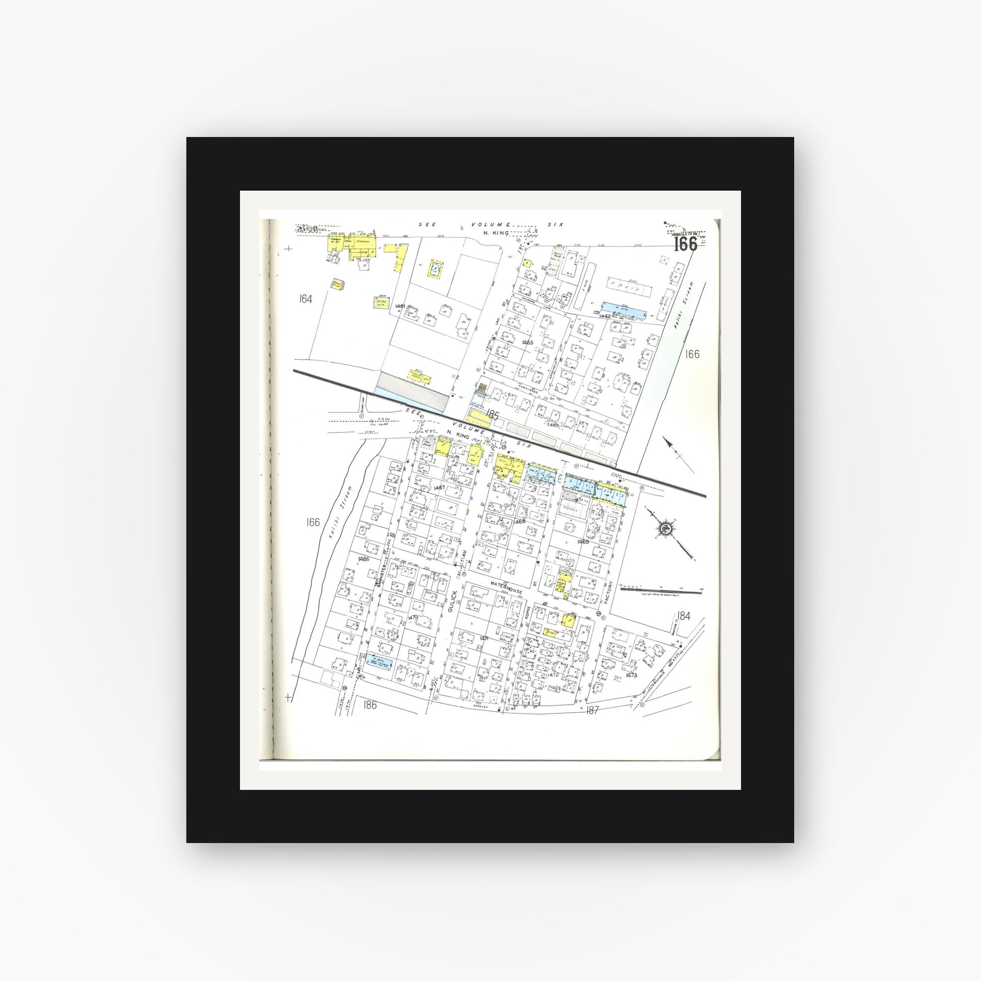 Old map wall art mockup — black gallery frame with white mat — Sanborn Fire Insurance Map from Honolulu, Oahu County, Hawaii (1955), Sheet #0166