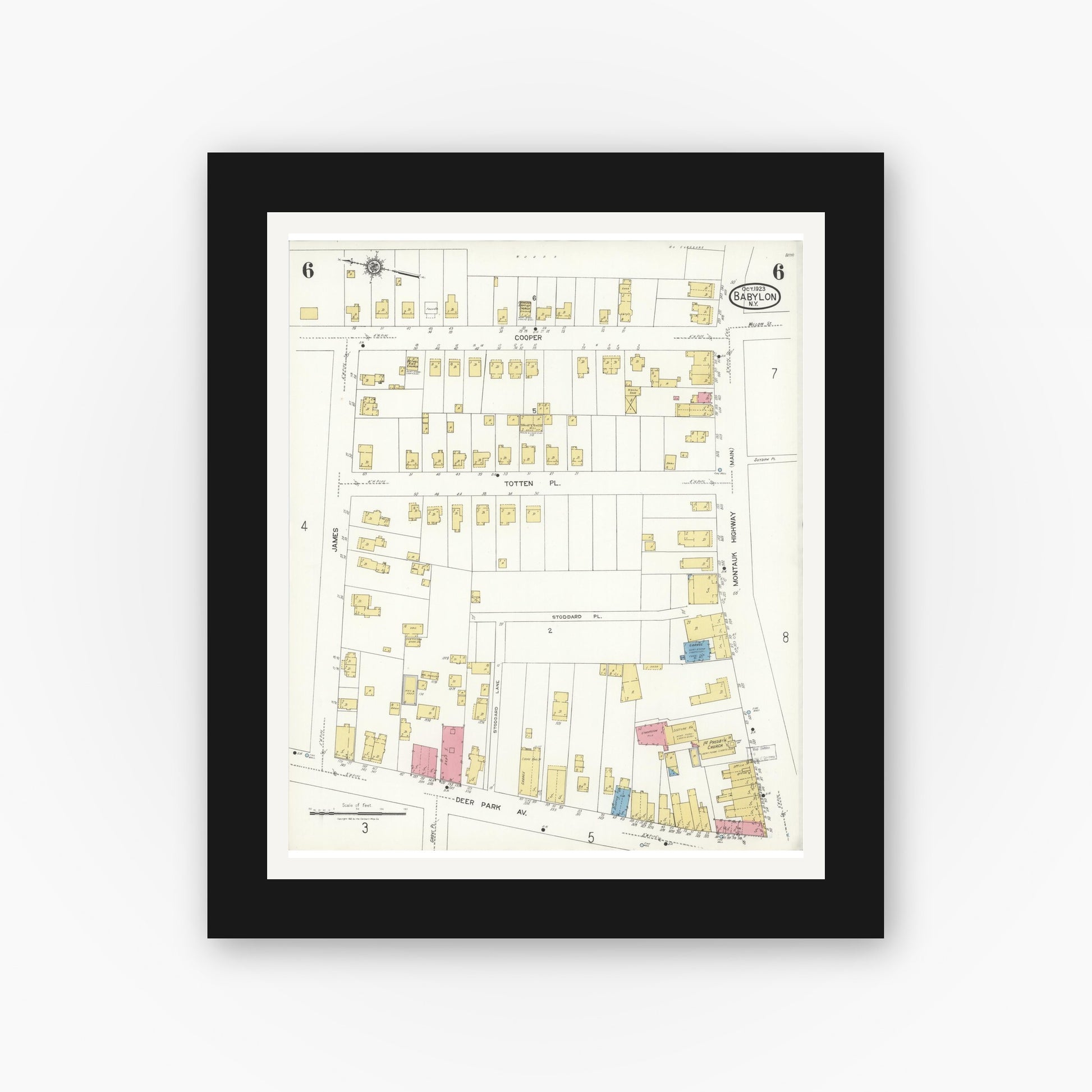 Old map wall art mockup — black gallery frame with white mat — Sanborn Fire Insurance Map from Babylon, Suffolk County, New York (1923), Sheet #0006