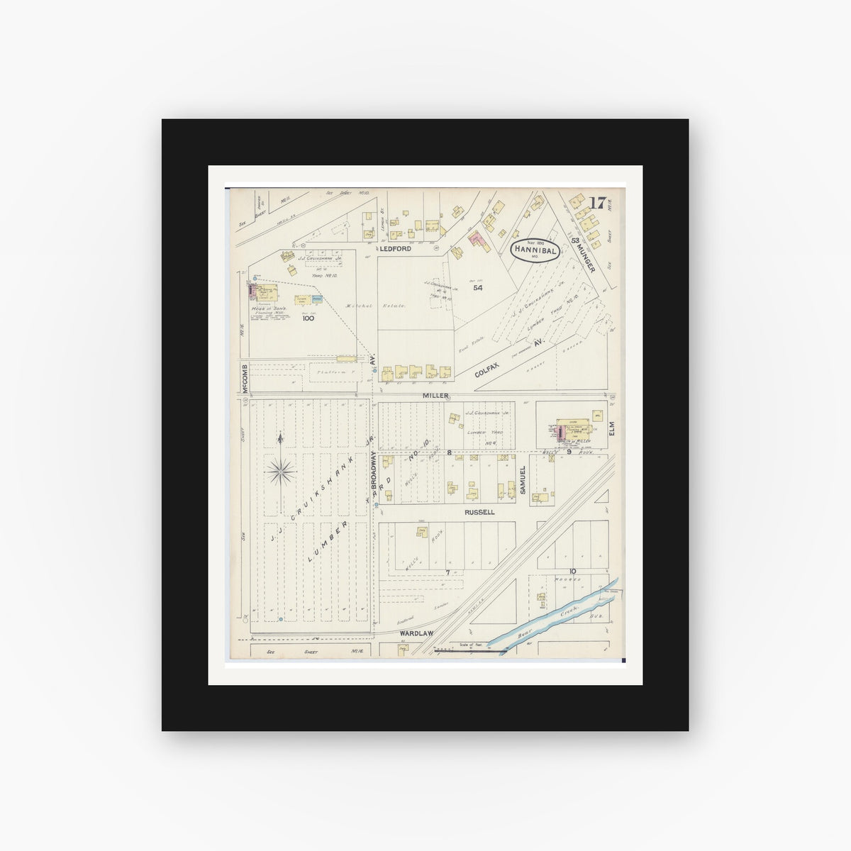 Old map wall art mockup — black gallery frame with white mat — Sanborn Fire Insurance Map from Hannibal, Marion County, Missouri (1890), Sheet #0017