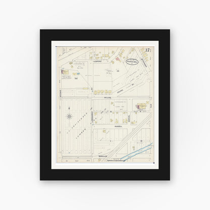 Old map wall art mockup — black gallery frame with white mat — Sanborn Fire Insurance Map from Hannibal, Marion County, Missouri (1890), Sheet #0017