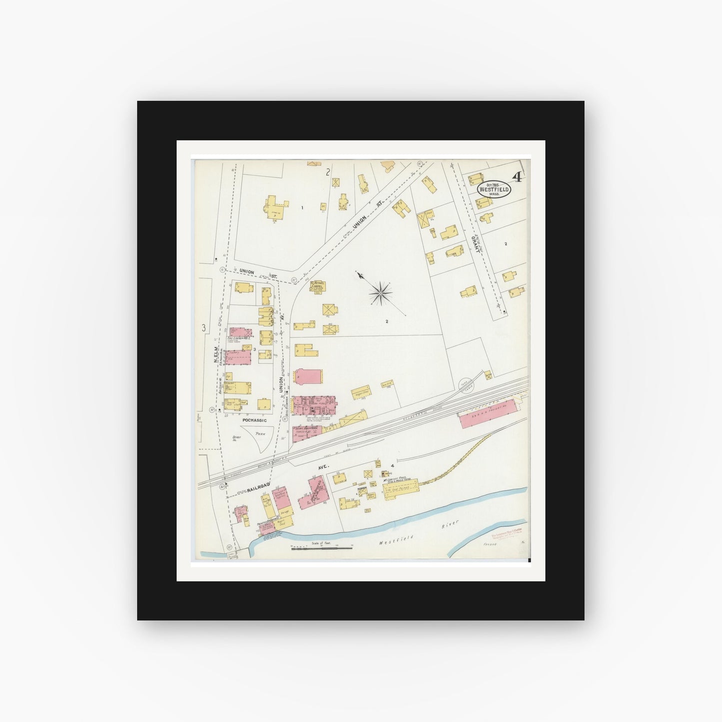 Old map wall art mockup — black gallery frame with white mat — Sanborn Fire Insurance Map from Westfield, Hampden County, Massachusetts (1905), Sheet #0004