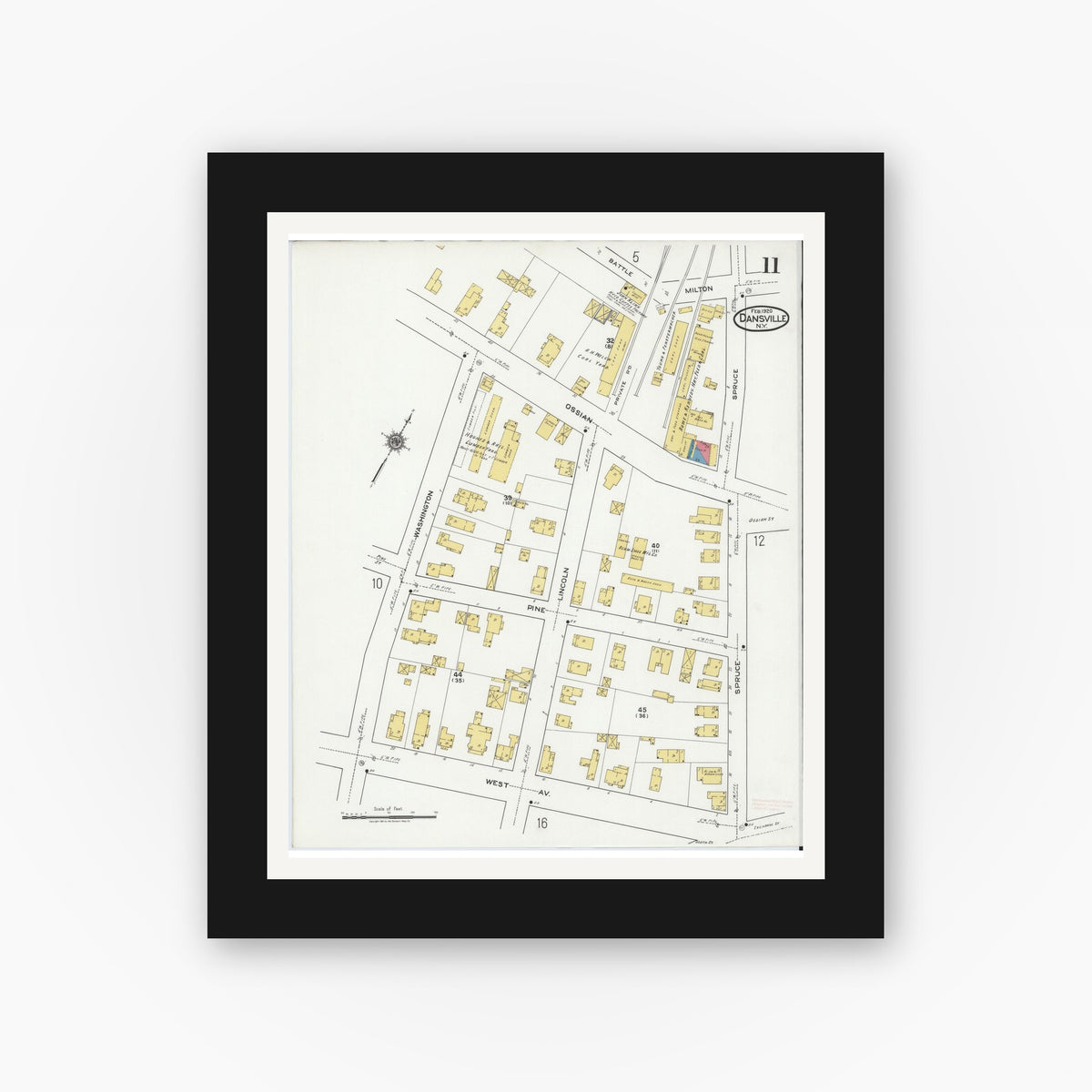 Old map wall art mockup — black gallery frame with white mat — Sanborn Fire Insurance Map from Dansville, Livingston County, New York (1920), Sheet #0011