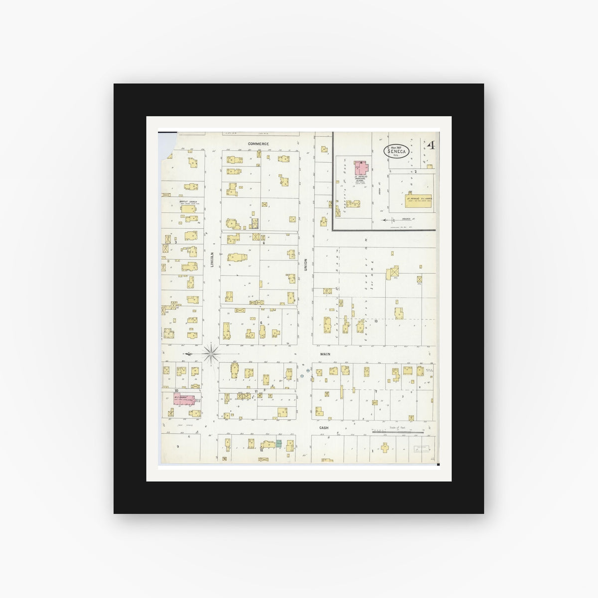 Old map wall art mockup — black gallery frame with white mat — Sanborn Fire Insurance Map from Seneca, La Salle County, Illinois (1907), Sheet #0004