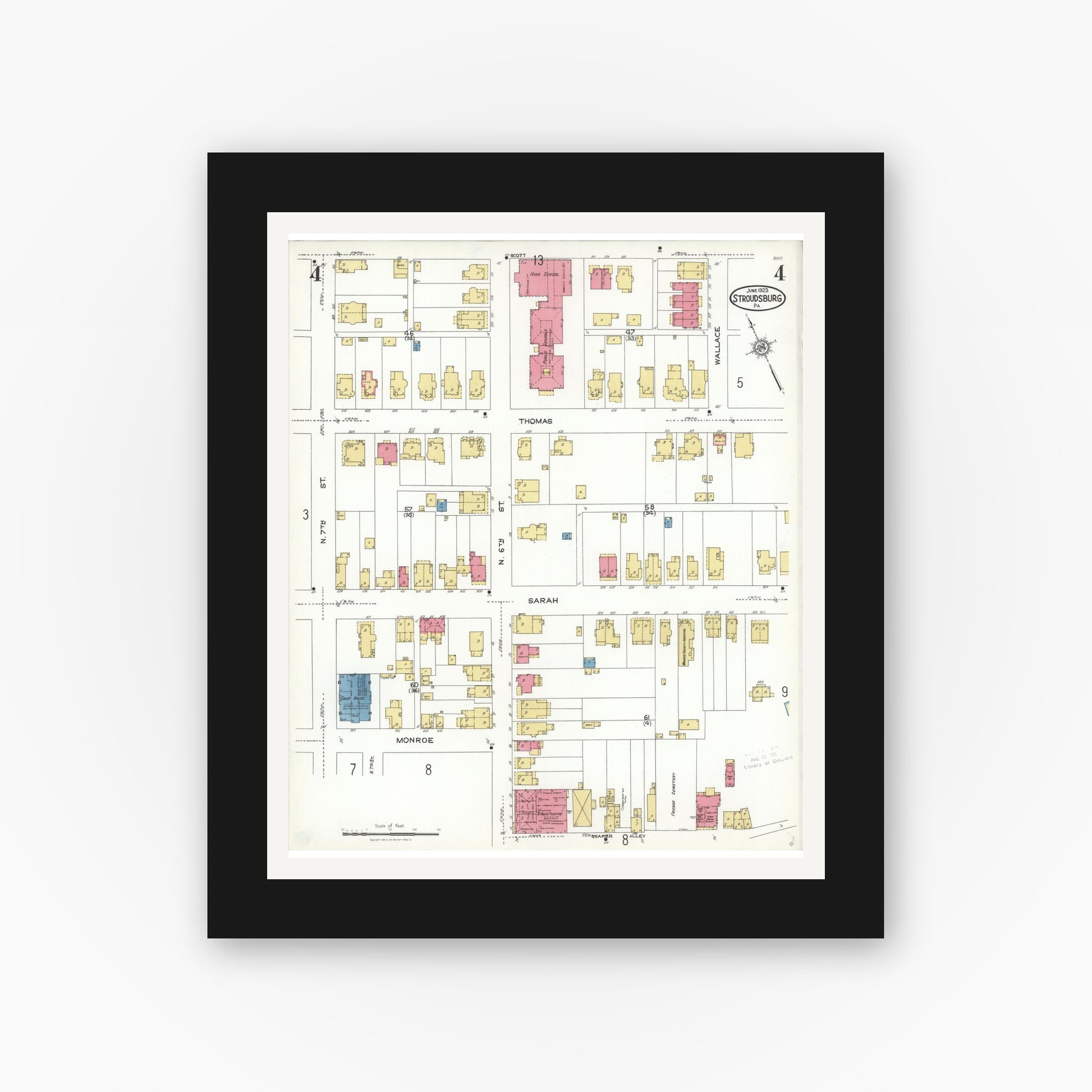 Old map wall art mockup — black gallery frame with white mat — Sanborn Fire Insurance Map from Stroudsburg, Monroe County, Pennsylvania (1923), Sheet #0004