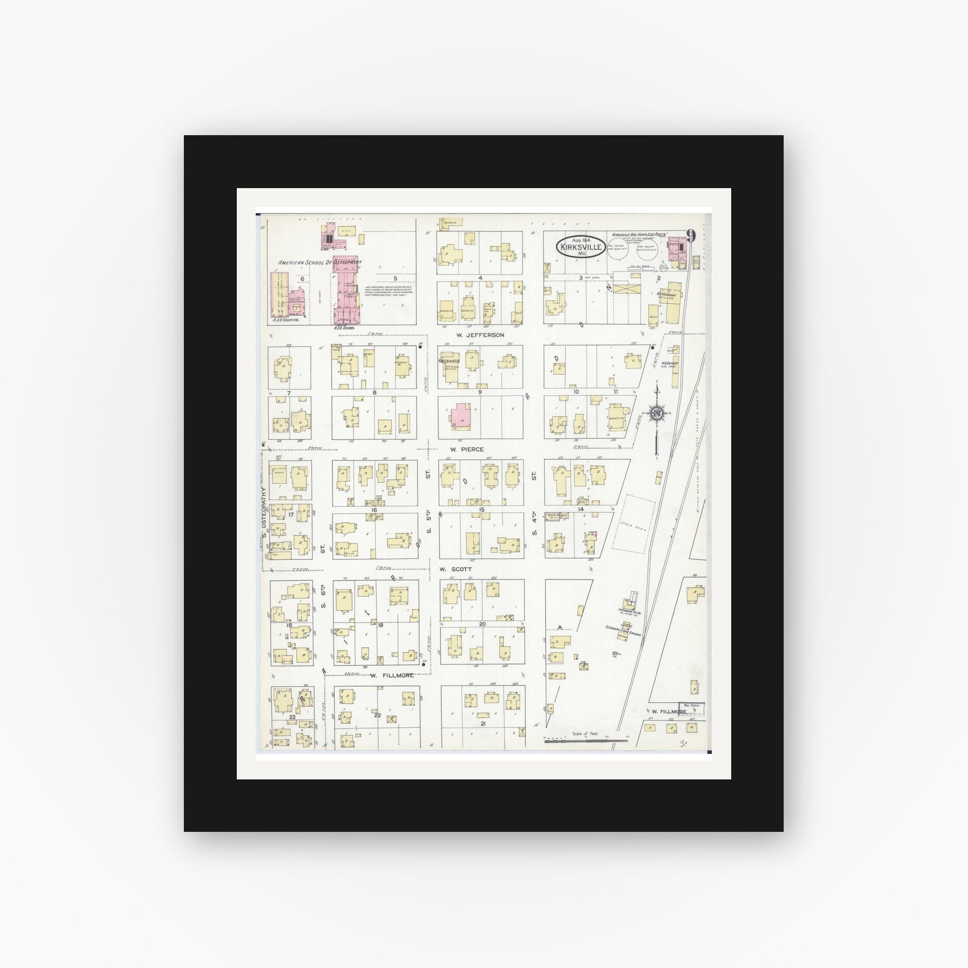 Old map wall art mockup — black gallery frame with white mat — Sanborn Fire Insurance Map from Kirksville, Adair County, Missouri (1914), Sheet #0009