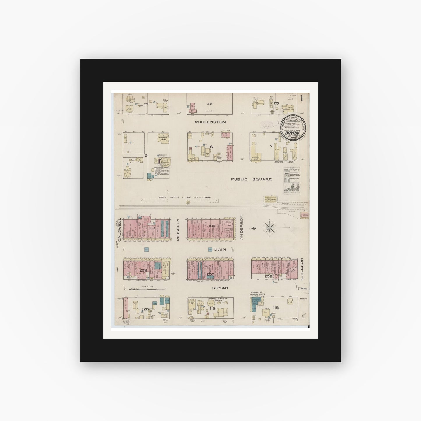 Old map wall art mockup — black gallery frame with white mat — Sanborn Fire Insurance Map from Bryan, Brazos County, Texas (1885), Sheet #0001