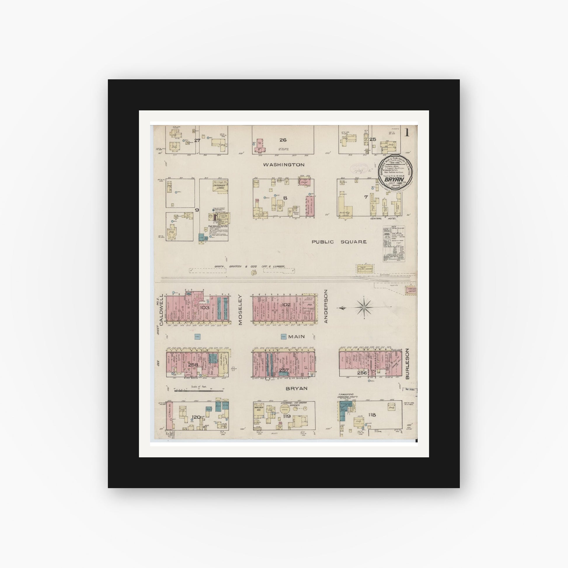 Old map wall art mockup — black gallery frame with white mat — Sanborn Fire Insurance Map from Bryan, Brazos County, Texas (1885), Sheet #0001
