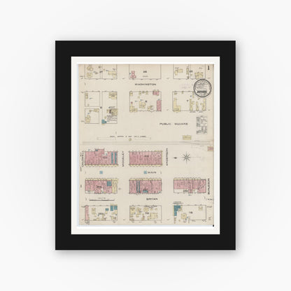 Old map wall art mockup — black gallery frame with white mat — Sanborn Fire Insurance Map from Bryan, Brazos County, Texas (1885), Sheet #0001