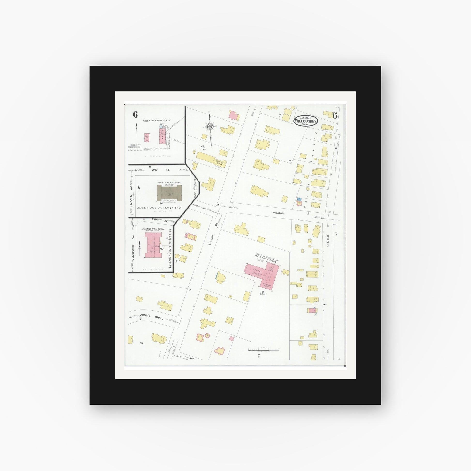 Old map wall art mockup — black gallery frame with white mat — Sanborn Fire Insurance Map from Willoughby, Lake County, Ohio (1931), Sheet #0006