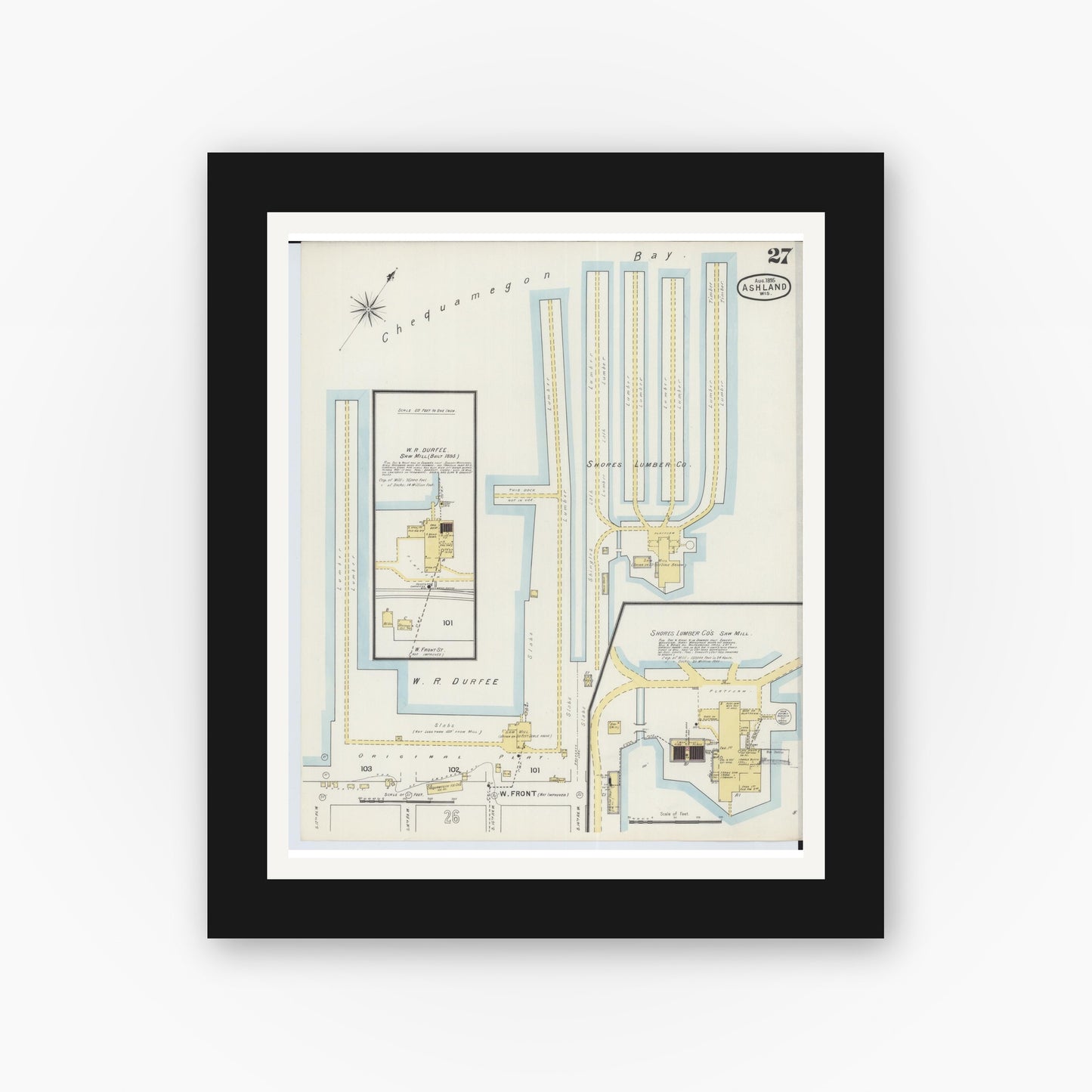 Old map wall art mockup — black gallery frame with white mat — Sanborn Fire Insurance Map from Ashland, Ashland County, Wisconsin (1895), Sheet #0027