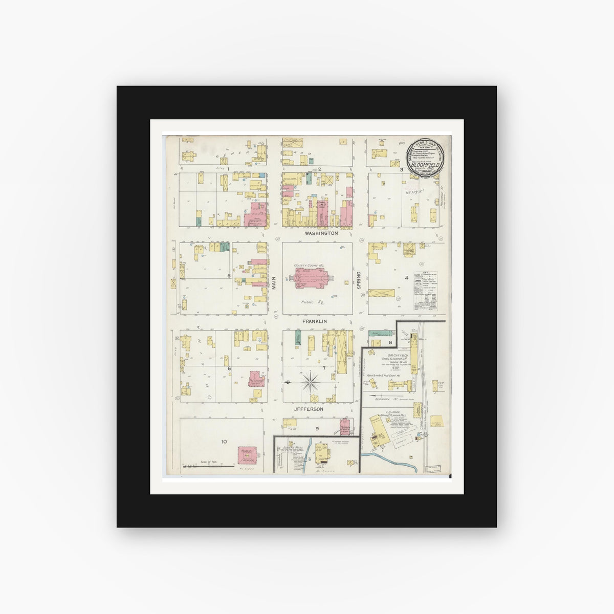Old map wall art mockup — black gallery frame with white mat — Sanborn Fire Insurance Map from Bloomfield, Greene County, Indiana (1892), Sheet #0001