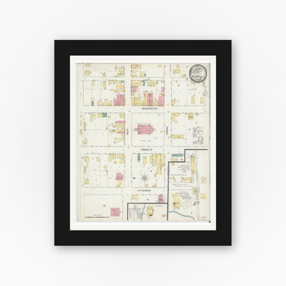Old map wall art mockup — black gallery frame with white mat — Sanborn Fire Insurance Map from Bloomfield, Greene County, Indiana (1892), Sheet #0001
