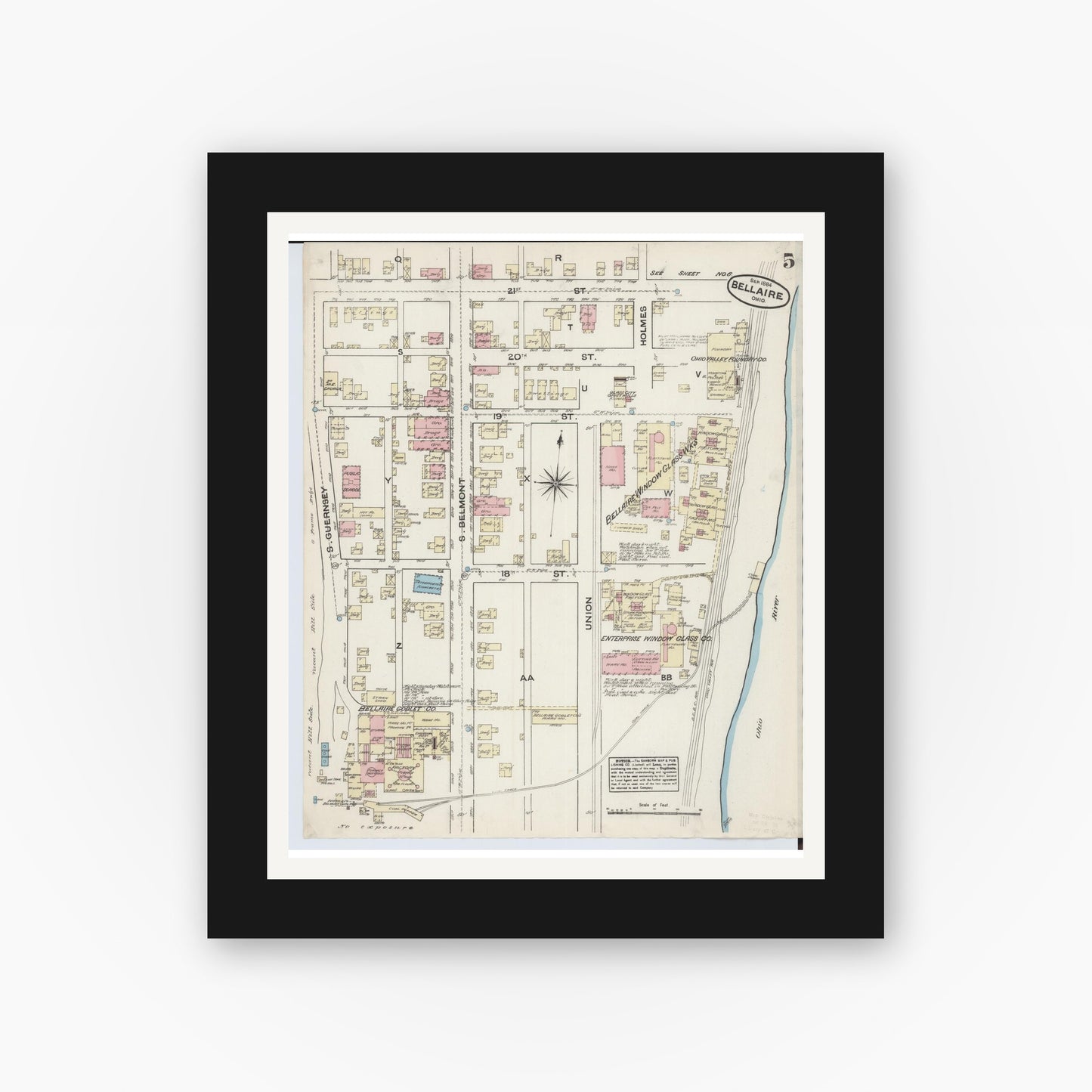 Old map wall art mockup — black gallery frame with white mat — Sanborn Fire Insurance Map from Bellaire, Belmont County, Ohio (1884), Sheet #0005
