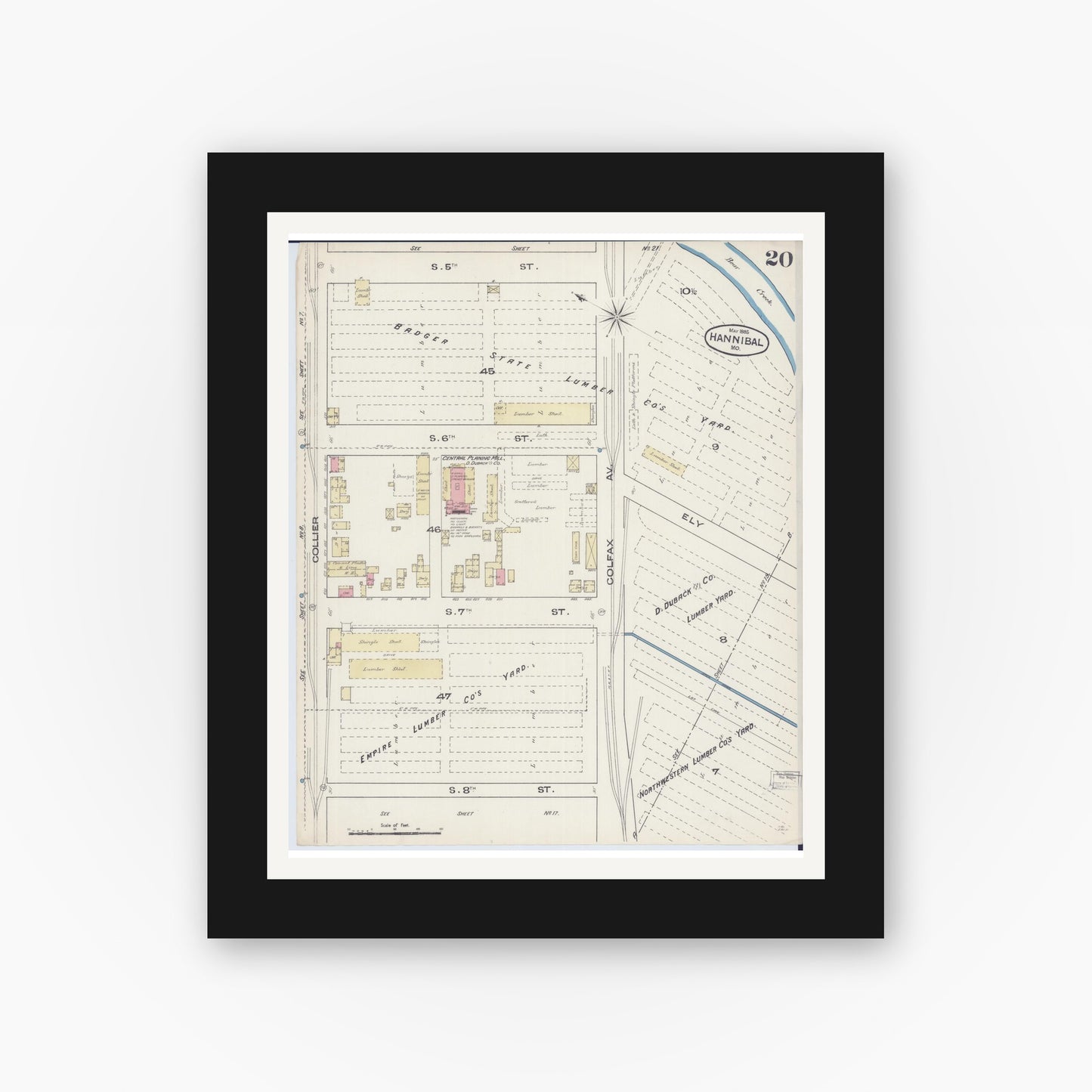 Old map wall art mockup — black gallery frame with white mat — Sanborn Fire Insurance Map from Hannibal, Marion County, Missouri (1885), Sheet #0020
