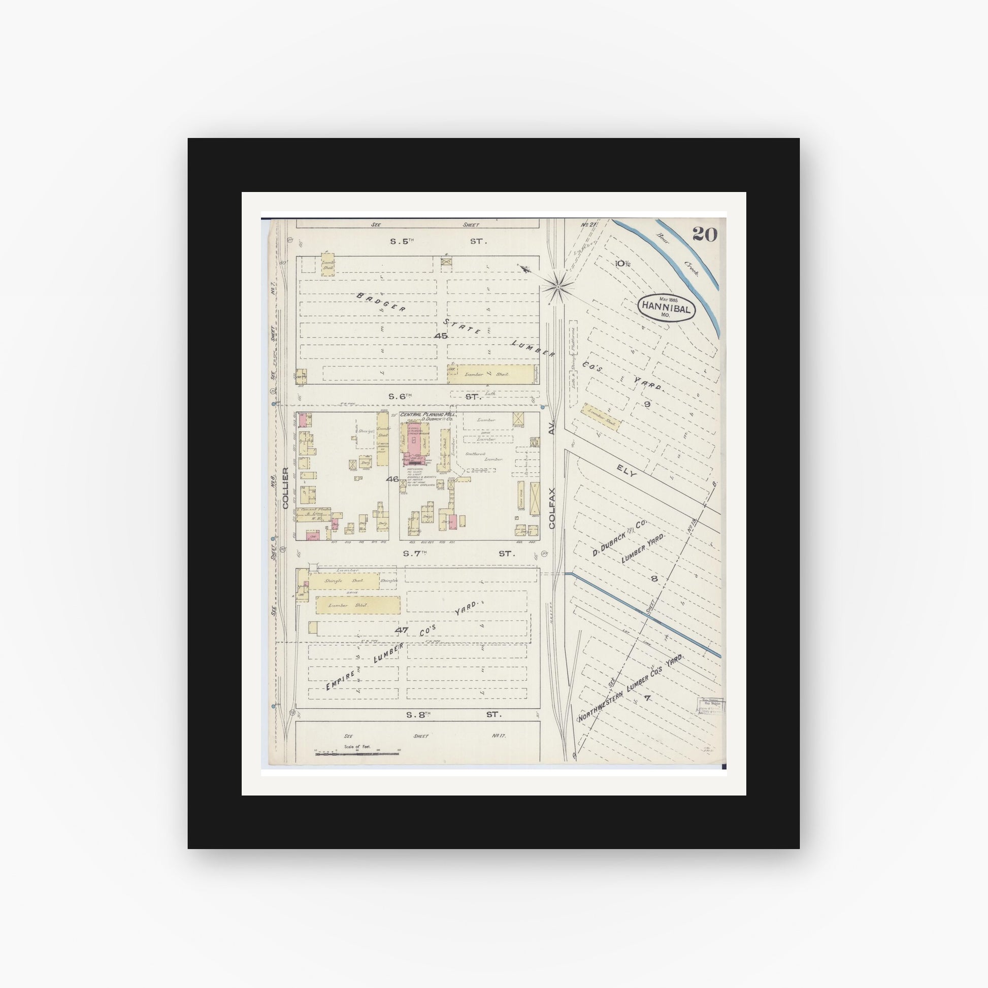 Old map wall art mockup — black gallery frame with white mat — Sanborn Fire Insurance Map from Hannibal, Marion County, Missouri (1885), Sheet #0020