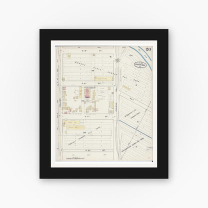 Old map wall art mockup — black gallery frame with white mat — Sanborn Fire Insurance Map from Hannibal, Marion County, Missouri (1885), Sheet #0020