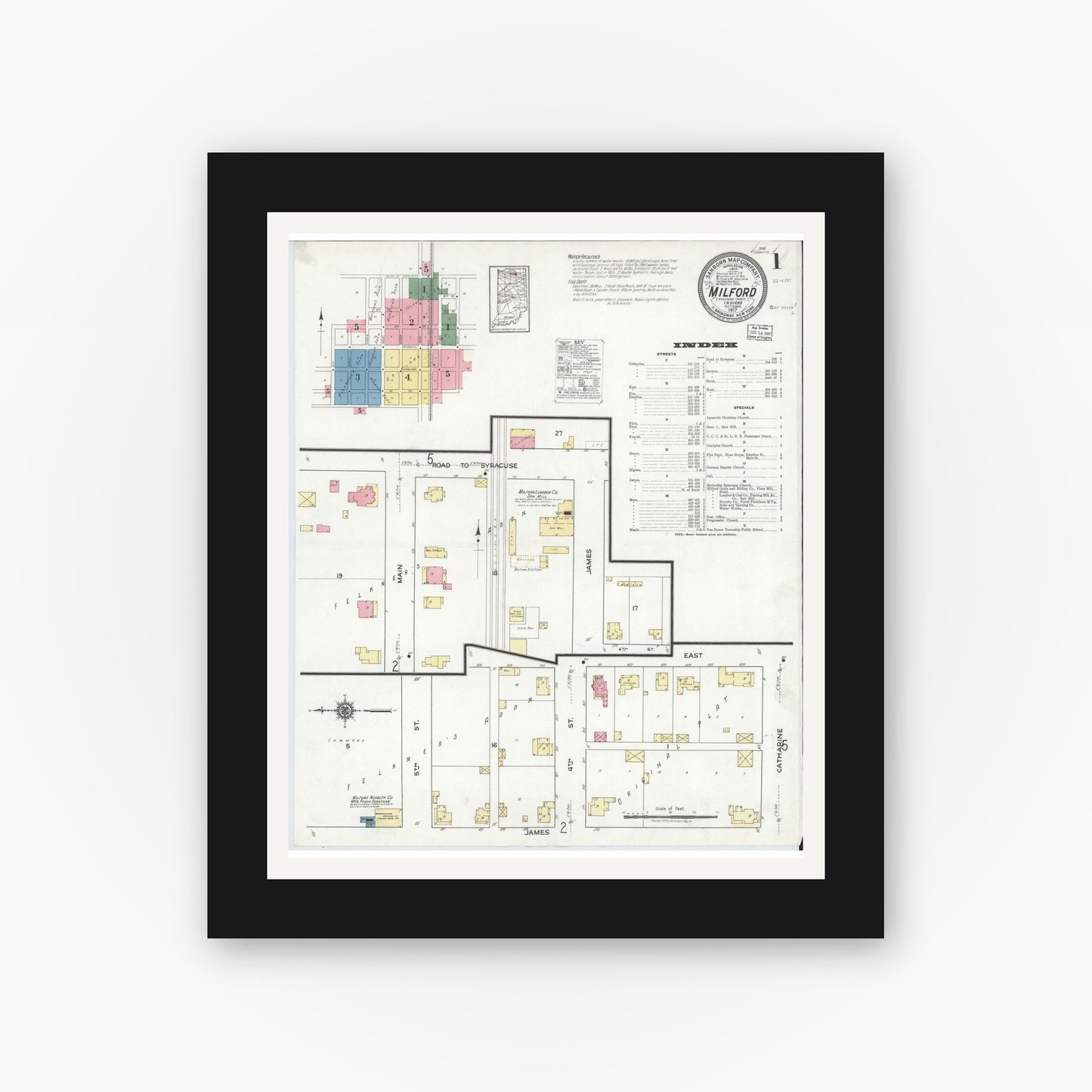 Old map wall art mockup — black gallery frame with white mat — Sanborn Fire Insurance Map from Milford, Kosciusko County, Indiana (1917), Sheet #0001