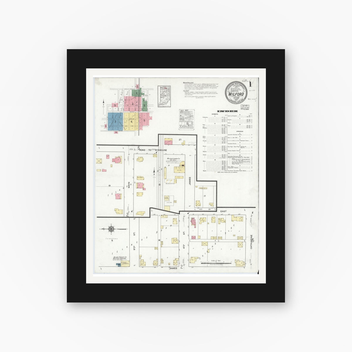 Old map wall art mockup — black gallery frame with white mat — Sanborn Fire Insurance Map from Milford, Kosciusko County, Indiana (1917), Sheet #0001