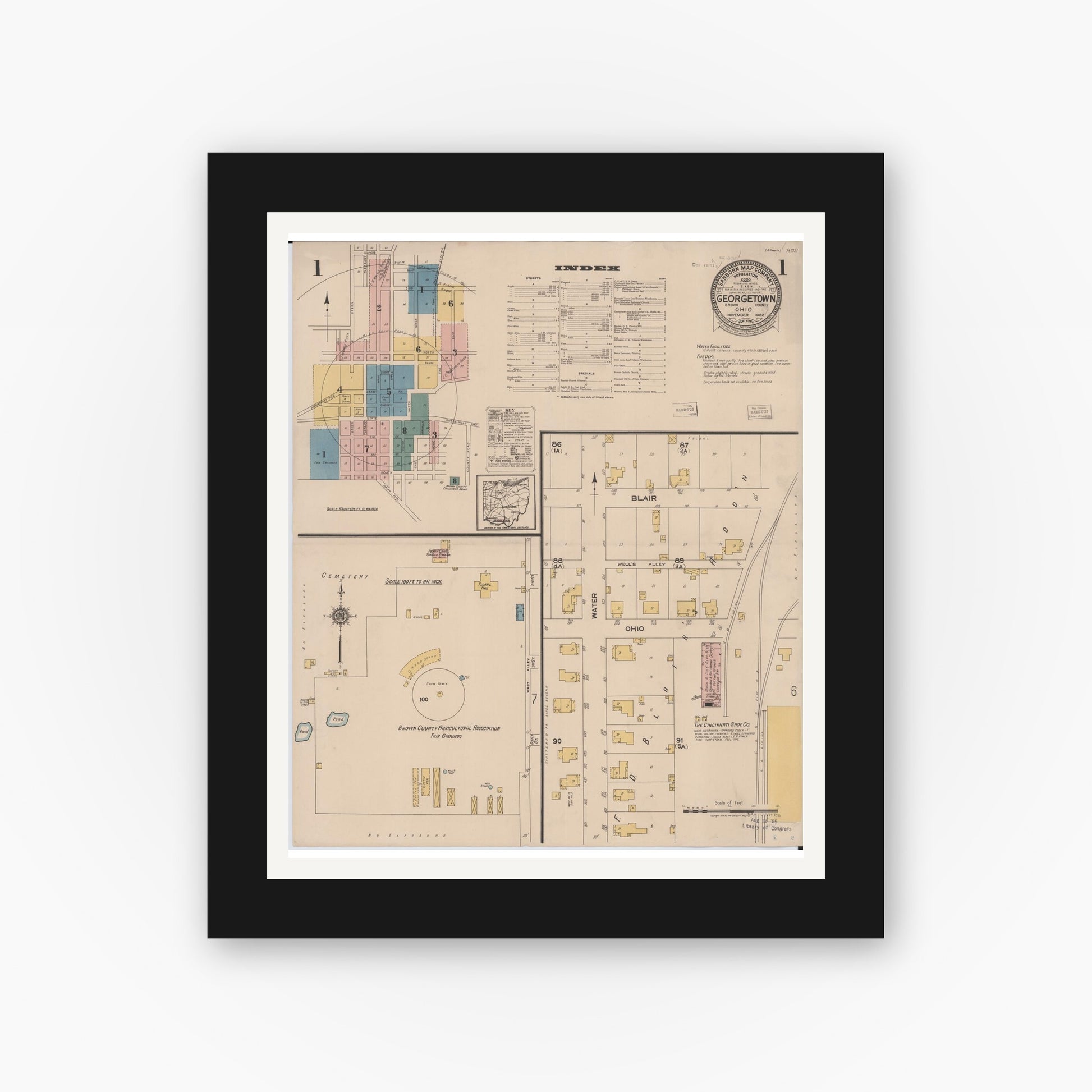 Old map wall art mockup — black gallery frame with white mat — Sanborn Fire Insurance Map from Georgetown, Brown County, Ohio (1922) - Complete Map Set