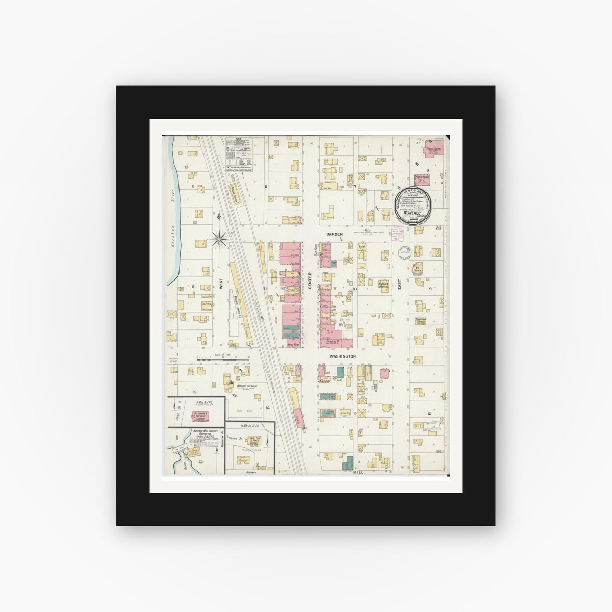 Old map wall art mockup — black gallery frame with white mat — Sanborn Fire Insurance Map from Wonewoc, Juneau County, Wisconsin (1901), Sheet #0001