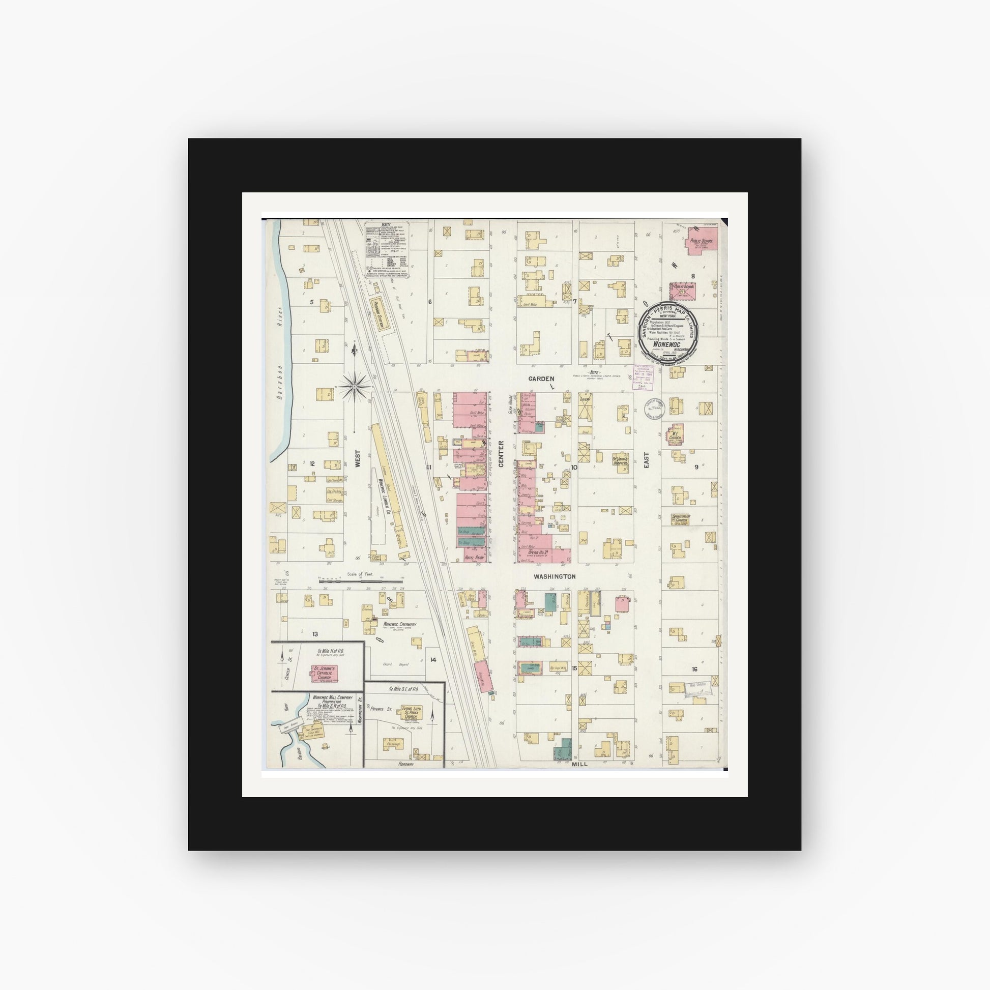 Old map wall art mockup — black gallery frame with white mat — Sanborn Fire Insurance Map from Wonewoc, Juneau County, Wisconsin (1901), Sheet #0001