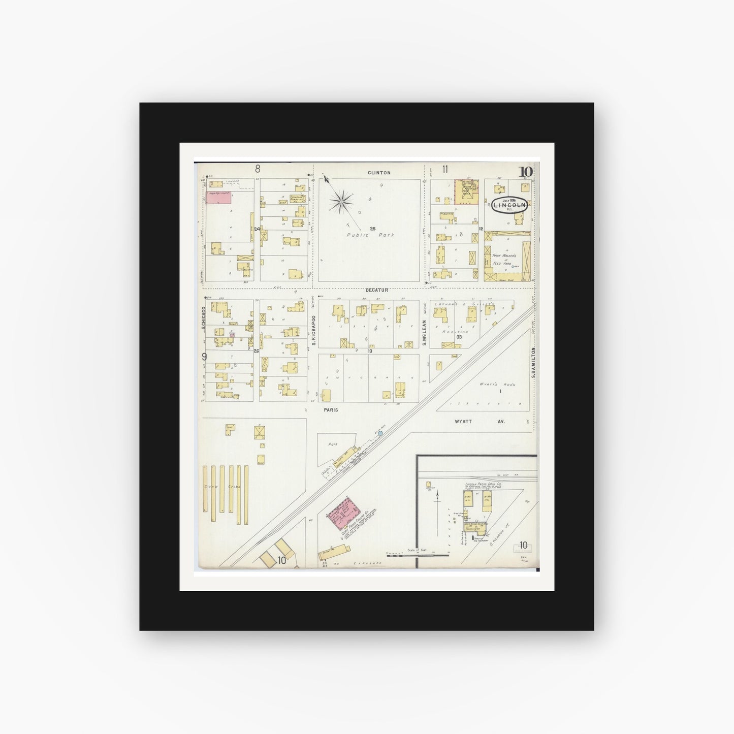 Old map wall art mockup — black gallery frame with white mat — Sanborn Fire Insurance Map from Lincoln, Logan County, Illinois (1896), Sheet #0010