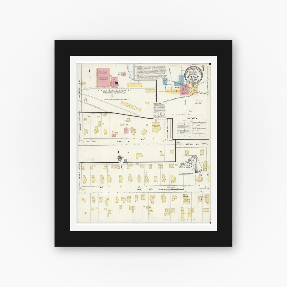 Old map wall art mockup — black gallery frame with white mat — Sanborn Fire Insurance Map from Hilton, Monroe County, New York (1917) - Complete Map Set