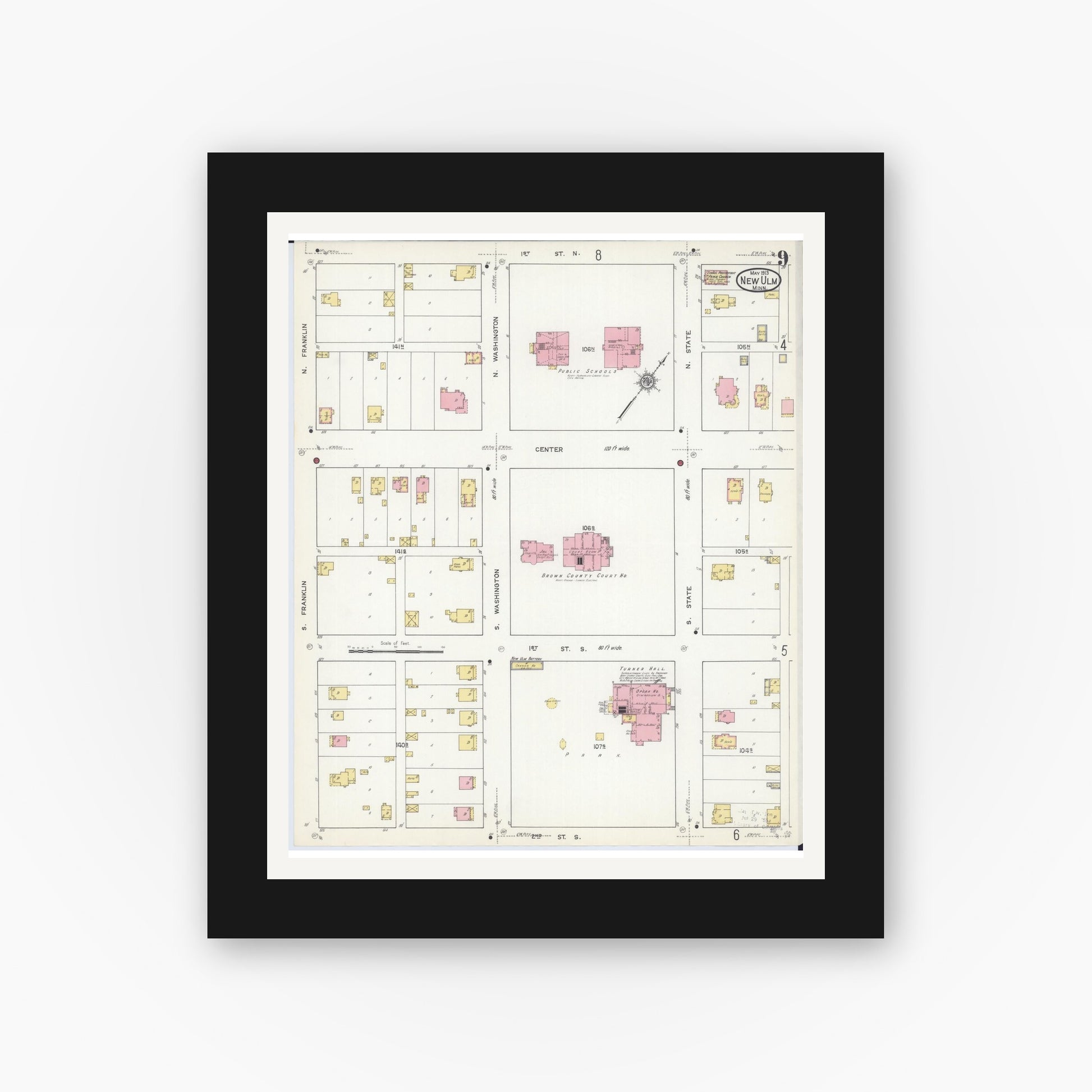 Old map wall art mockup — black gallery frame with white mat — Sanborn Fire Insurance Map from New Ulm, Brown County, Minnesota (1913), Sheet #0009