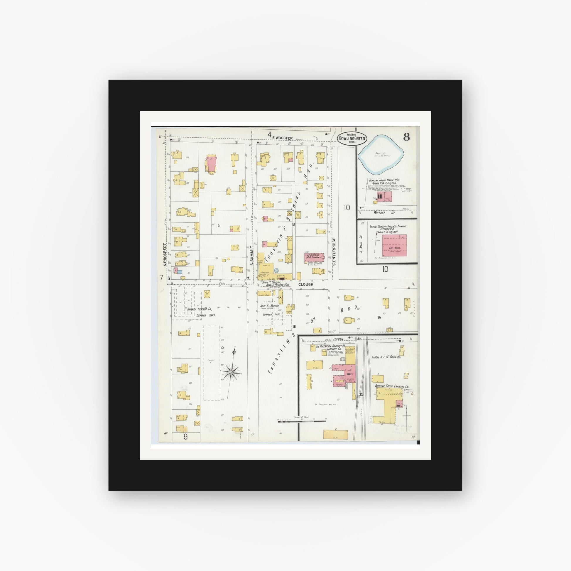 Old map wall art mockup — black gallery frame with white mat — Sanborn Fire Insurance Map from Bowling Green, Wood County, Ohio (1900), Sheet #0008
