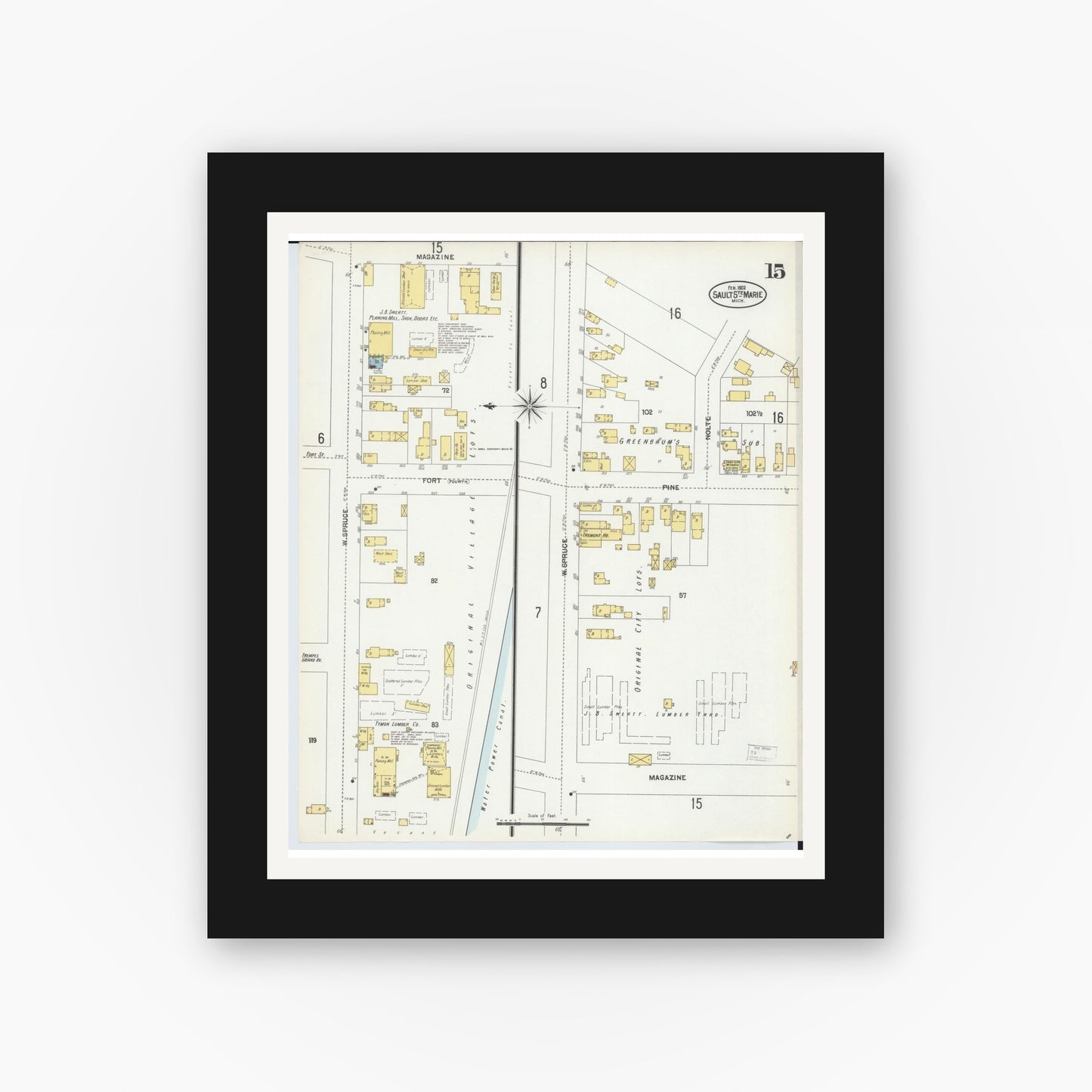 Old map wall art mockup — black gallery frame with white mat — Sanborn Fire Insurance Map from Sault Sainte Marie, Chippewa County, Michigan (1902), Sheet #0015