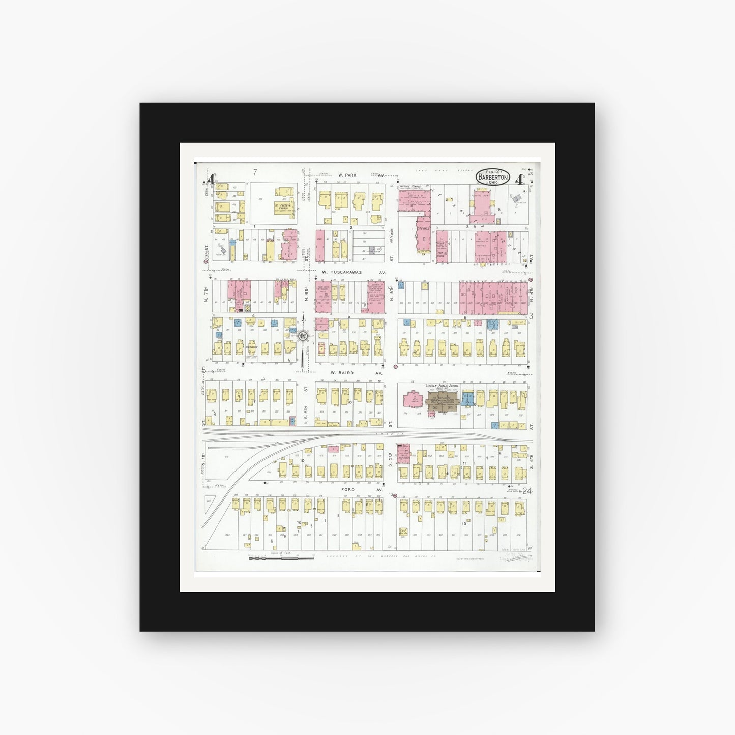 Old map wall art mockup — black gallery frame with white mat — Sanborn Fire Insurance Map from Barberton, Summit County, Ohio (1927), Sheet #0004