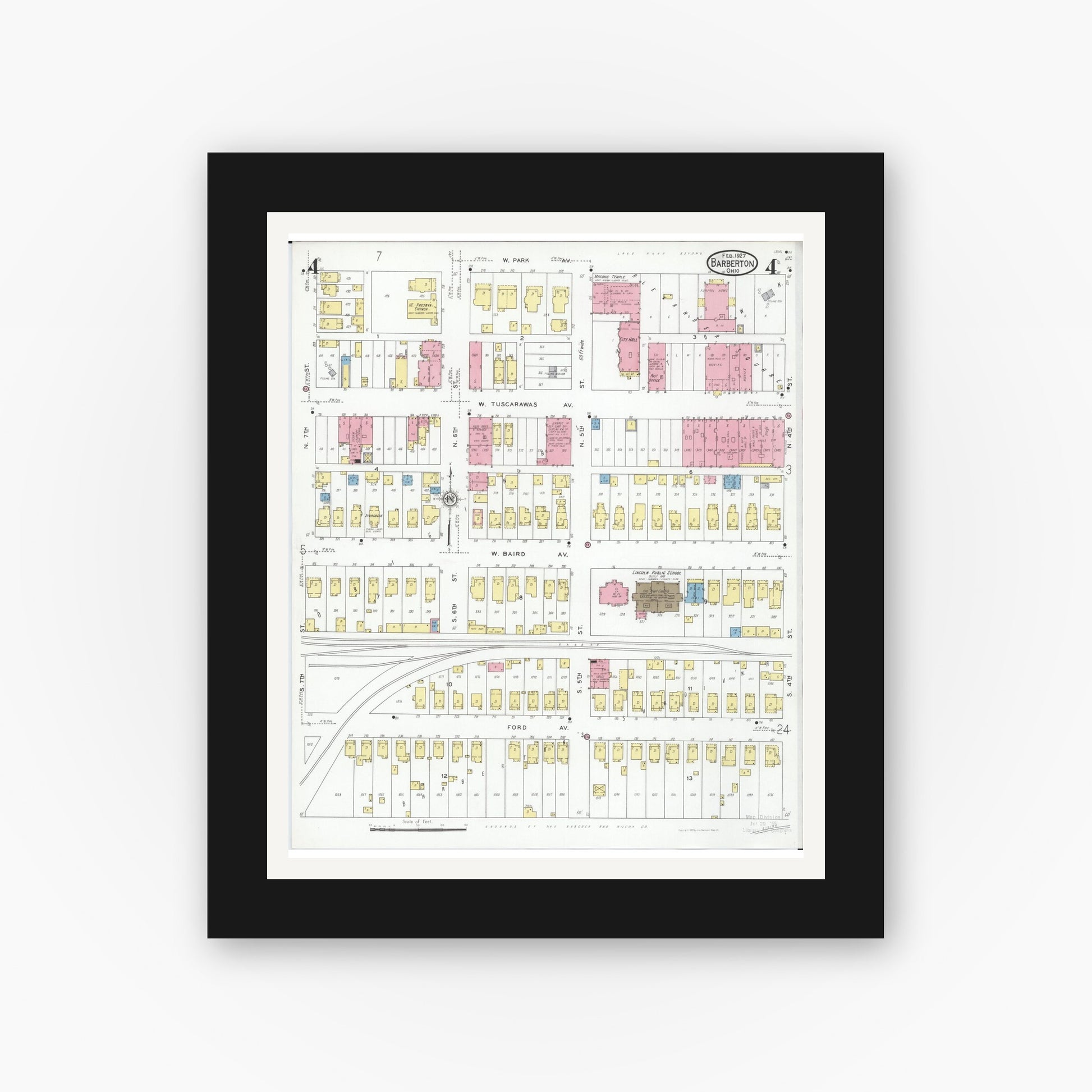 Old map wall art mockup — black gallery frame with white mat — Sanborn Fire Insurance Map from Barberton, Summit County, Ohio (1927), Sheet #0004