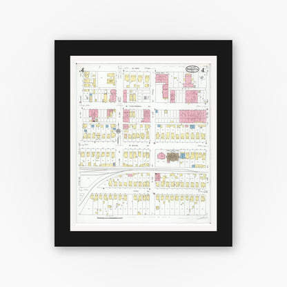Old map wall art mockup — black gallery frame with white mat — Sanborn Fire Insurance Map from Barberton, Summit County, Ohio (1927), Sheet #0004
